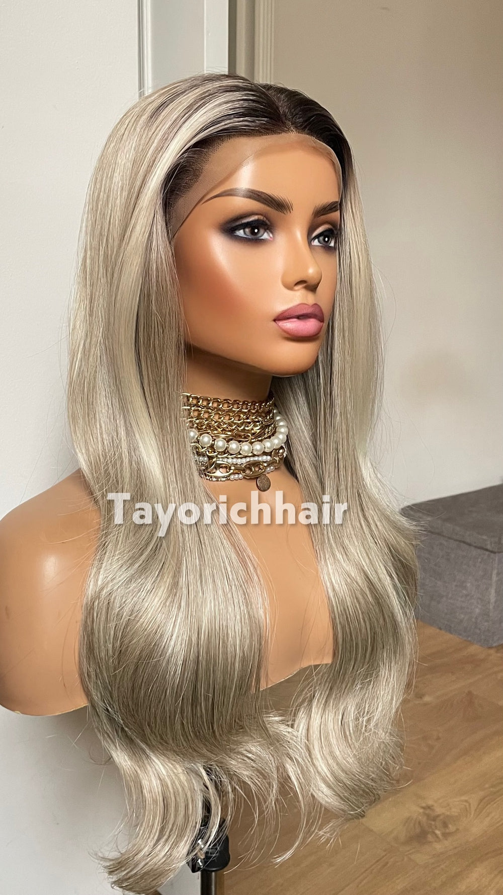 Dark Ash Blonde Synthetic Lace Front Wig with Black Roots & Money Piece Highlights – 18/20 Inch