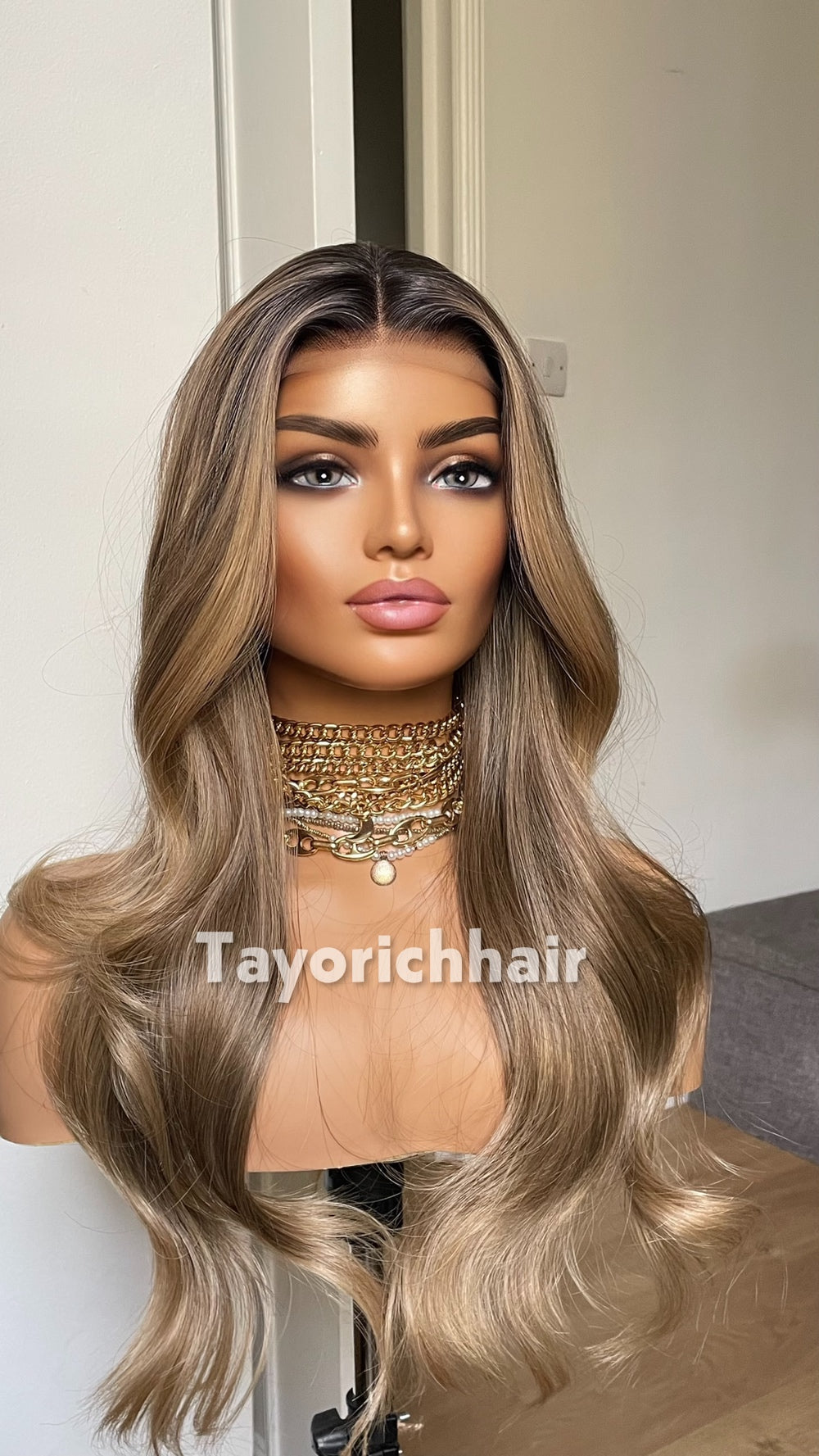 Dark Ash Brown Wig with Blonde Highlights & Black Roots | 20” Wavy