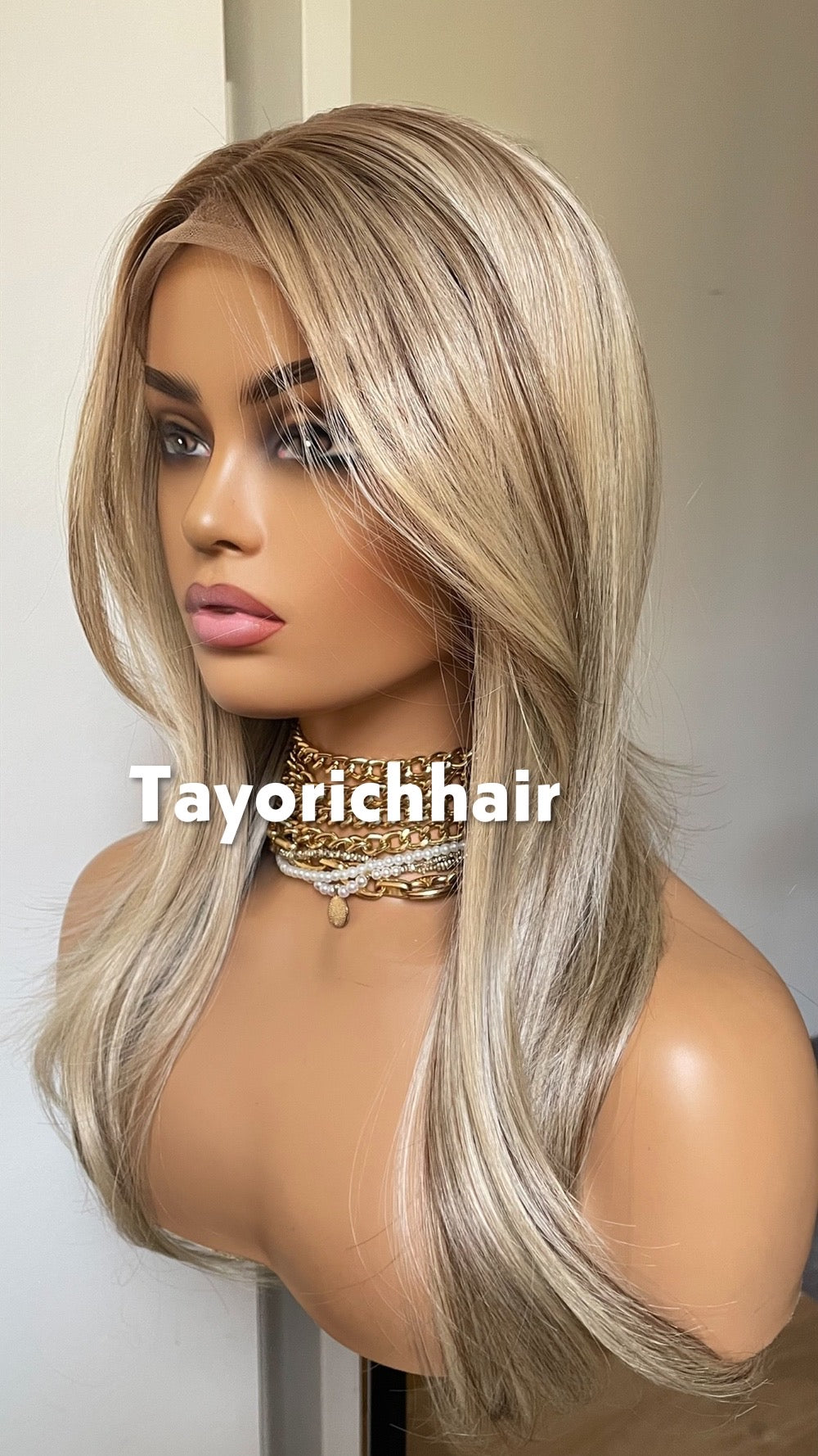 Sunkissed Blonde With Brown Highlights Wig; Lace Frontal Synthetic Wig, 16 Inches, Low Density Wig
