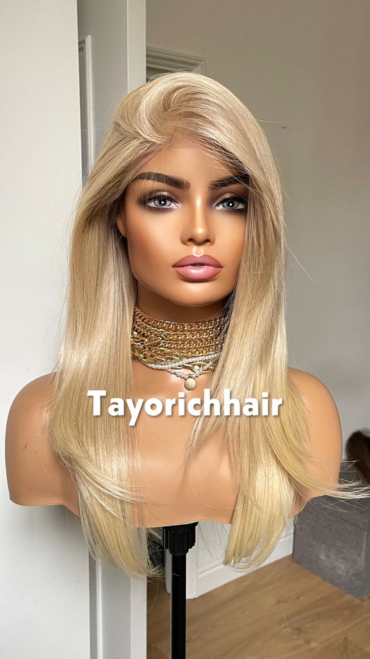 Light Blonde Lace Frontal Wig: Heat-Safe Synthetic Hair, Curtain Bangs
