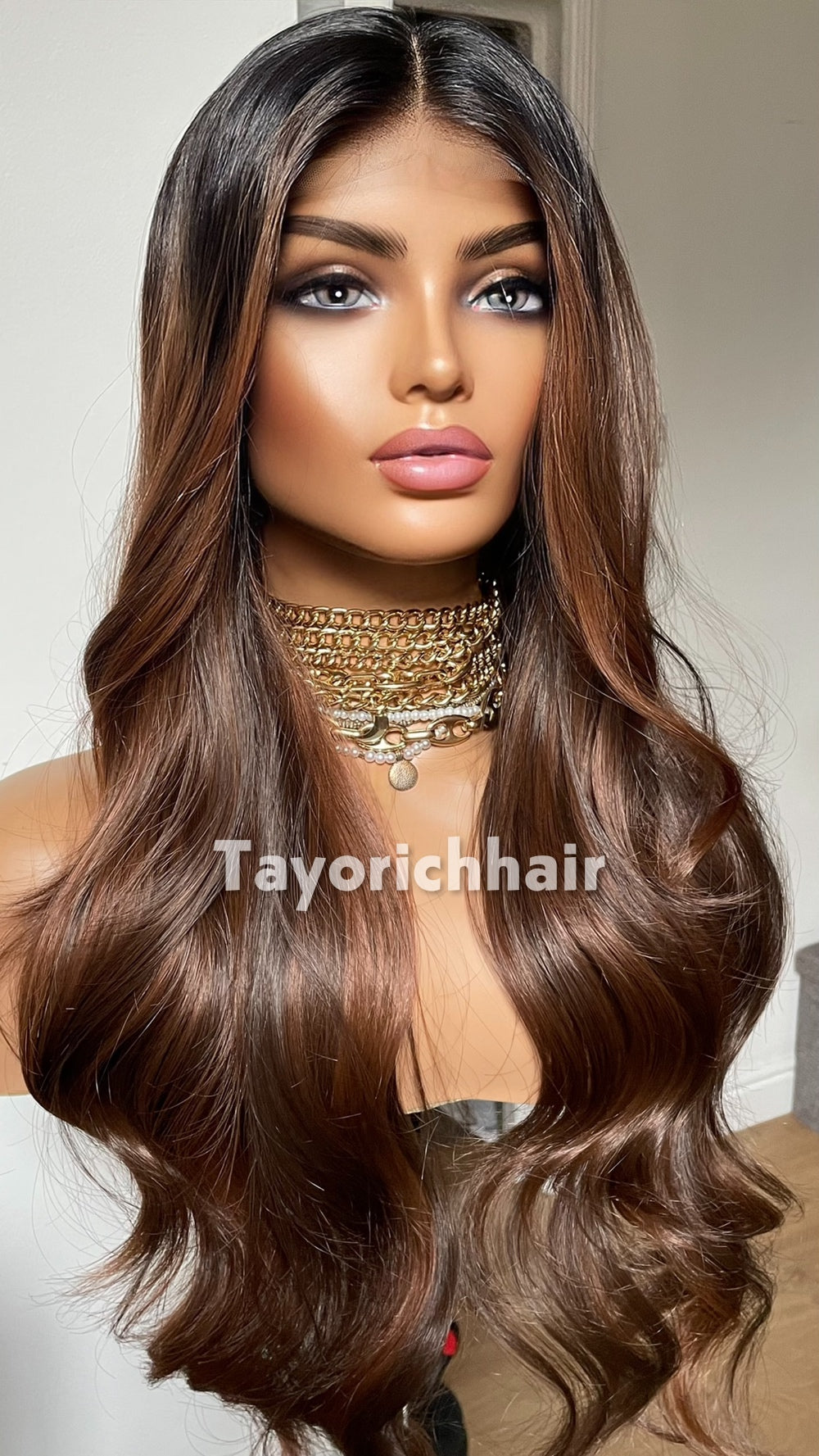 Tayorichhair 26-Inch Mahogany Brown & Black Bouncy Wavy Synthetic Wig – Black Roots, 13x4 Transparent Lace Front, Medium Cap Daily Wear Unit