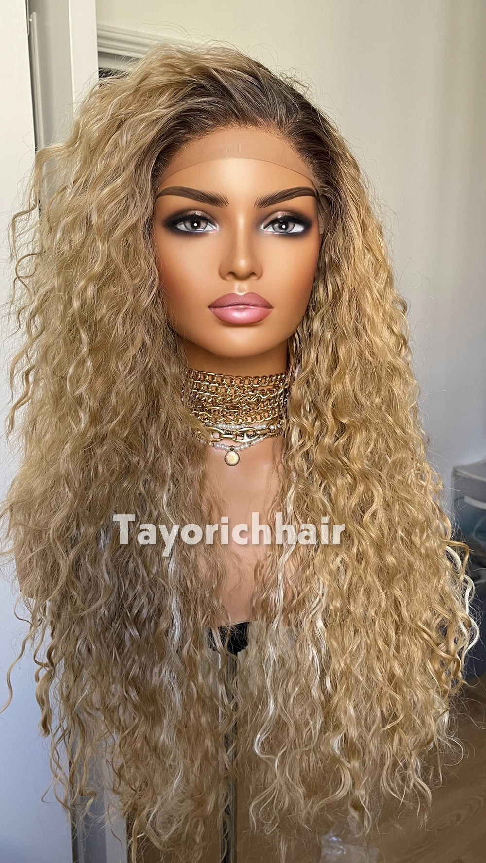 Strawberry Blonde Beach Curly Wig | 22” Layered Heat Safe Synthetic Wig | Blonde Streaks & Dark Roots | 13x3 Transparent Lace | Tayorichhair