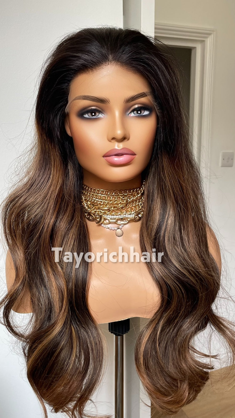 Black Human Hair Lace Front Wig with Blonde Highlights | 24” Wavy HD Lace Wig | 13x4 Glueless Wig | 100% Human Hair | Tayorichhair