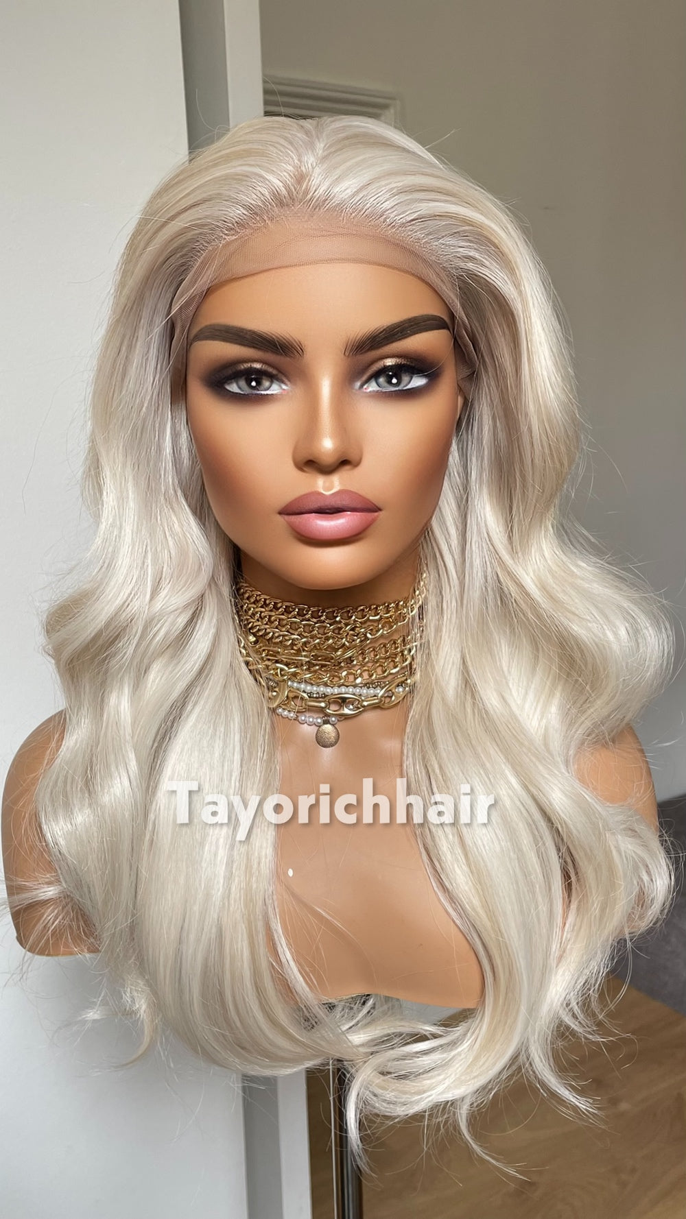 Tayorichhair Premium 16" Heat-Safe Synthetic Hair Wig – Platinum Blonde with Mild Lowlights, Pre-Plucked 13x6 Deep Lace Front (Free Parting)