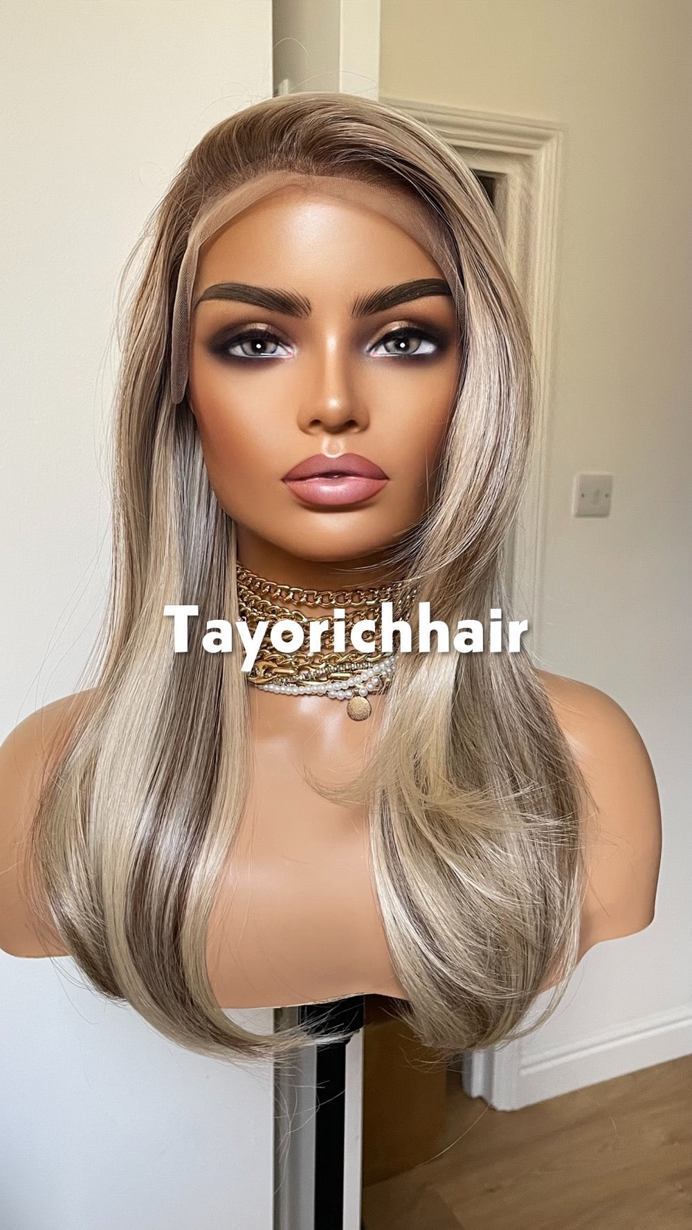 Sunkissed Blonde With Brown Highlights Wig; Lace Frontal Synthetic Wig, 16 Inches, Low Density Wig