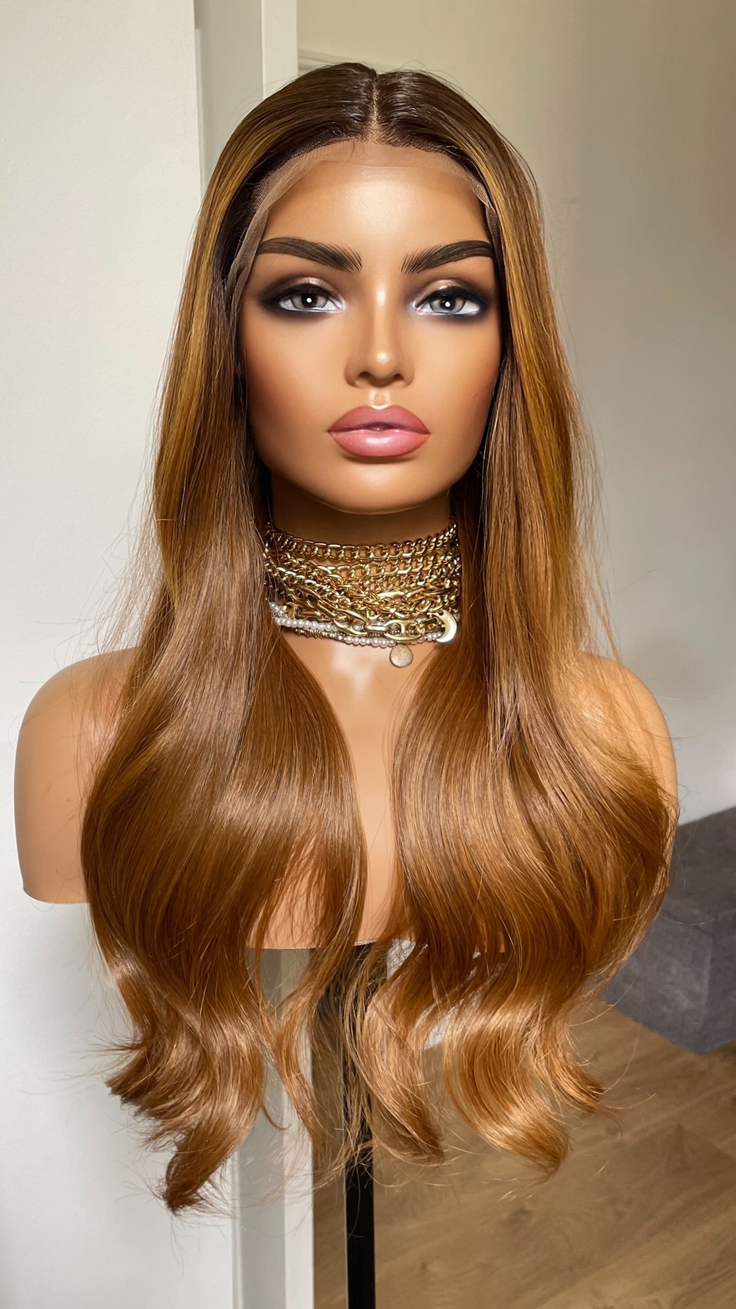 Ginger Synthetic Lace Front Wig With Highlights; Dark Roots, Wavy Hair