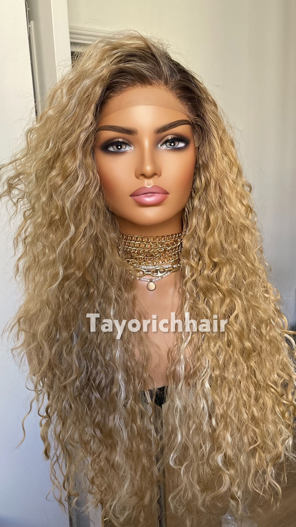 Strawberry Blonde Beach Curly Wig | 22” Layered Heat Safe Synthetic Wig | Blonde Streaks & Dark Roots | 13x3 Transparent Lace | Tayorichhair