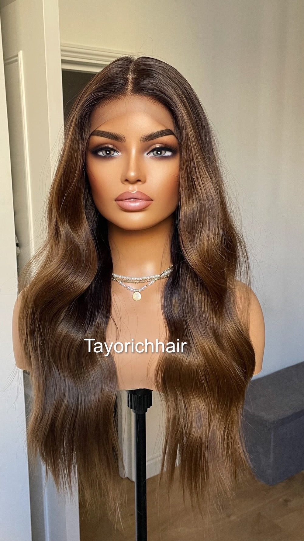 Brown And Black Synthetic Lace Front Wig With Black Roots/Middle Part Brown Wig With 13 By 6 Lace Frontal/Wigs For Brunettes By Tayorichhair
