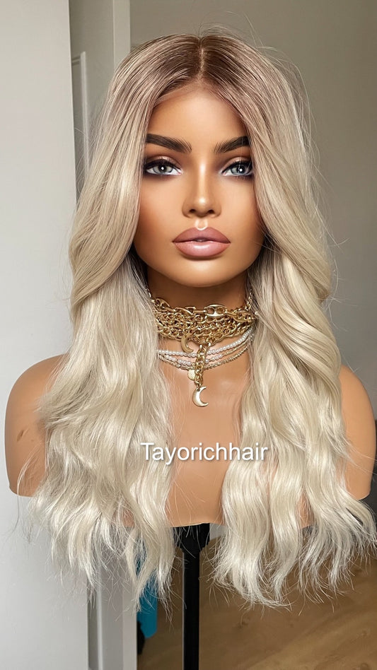 Platinum Blonde Lace Frontal Wig: 16" Loose Waves with Dark Roots