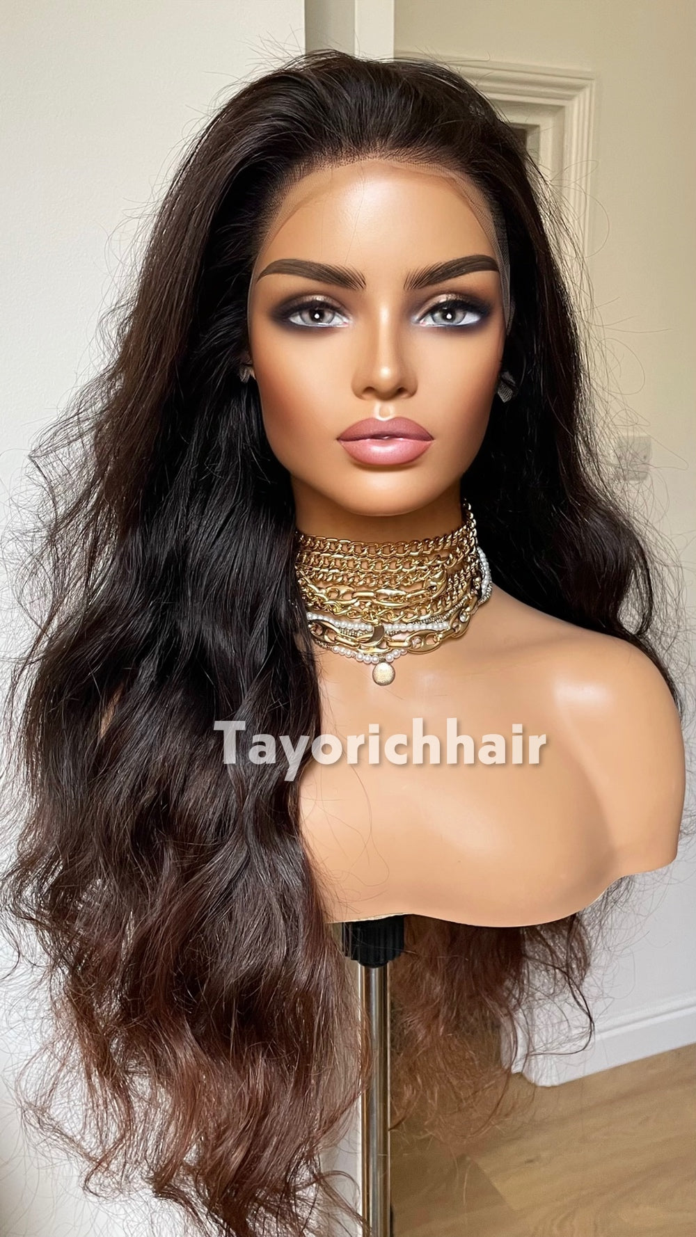 Ombre Black to Brown Human Hair Lace Front Wig | 24” Wavy HD Lace Wig | 13x4 Glueless Wig | 100% Human Hair | Tayorichhair