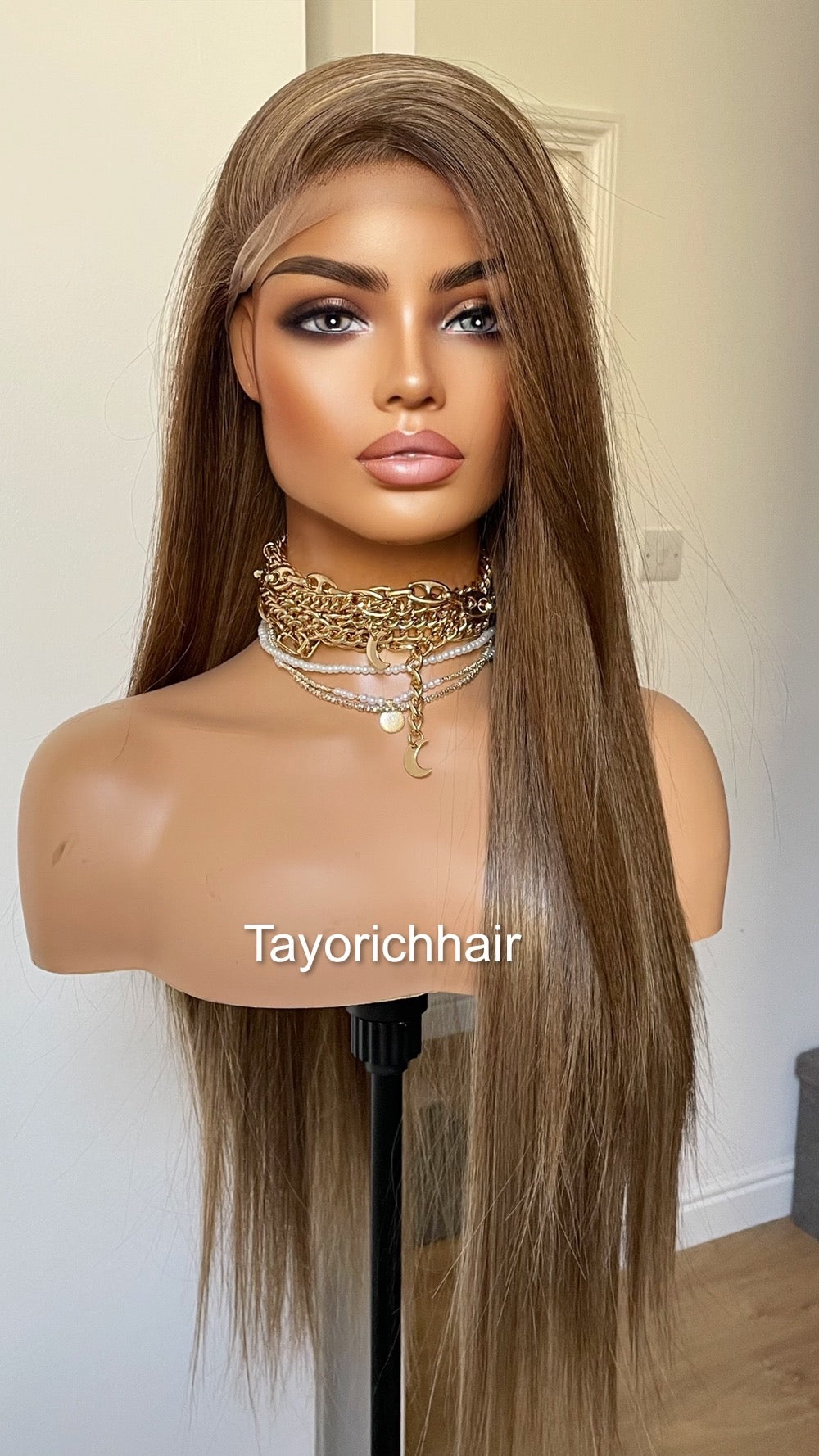 Dark Ash Brown Synthetic Lace Frontal Wig/13 by 6 Lace Frontal/Long Straight Lace Wig/Dark Ash Brown Wig With Mild Highlights/Tayorichhair