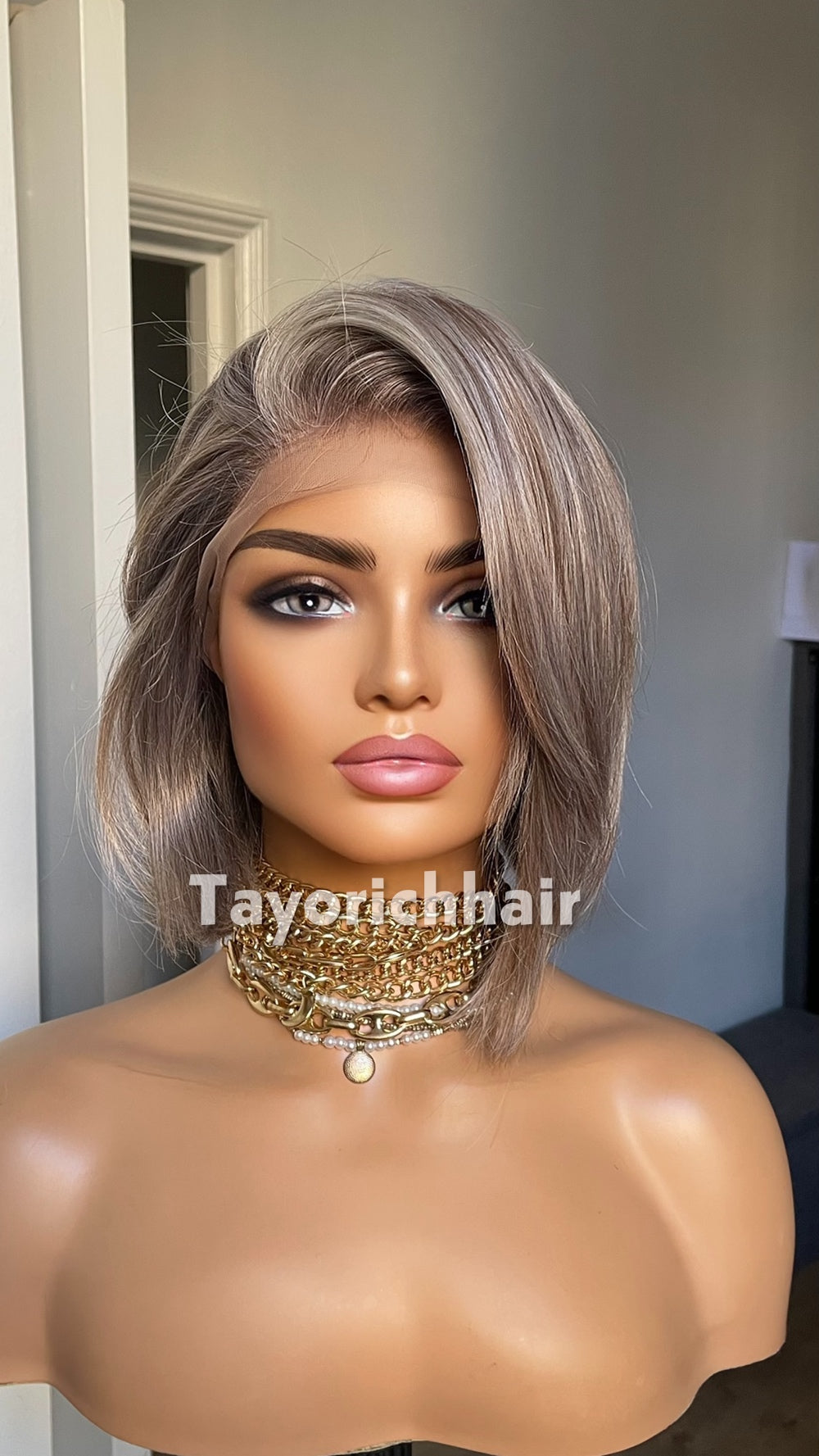 Grey Bob Wig | 10” Straight Heat-Safe Synthetic Lace Front Wig | Tayorichhair