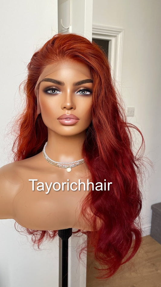 Deep Red Real Hair Lace Wig / Pre Plucked Natural Hair Line/ 24 Inches Long Natural Wavy Virgin Hair  Lace Wig