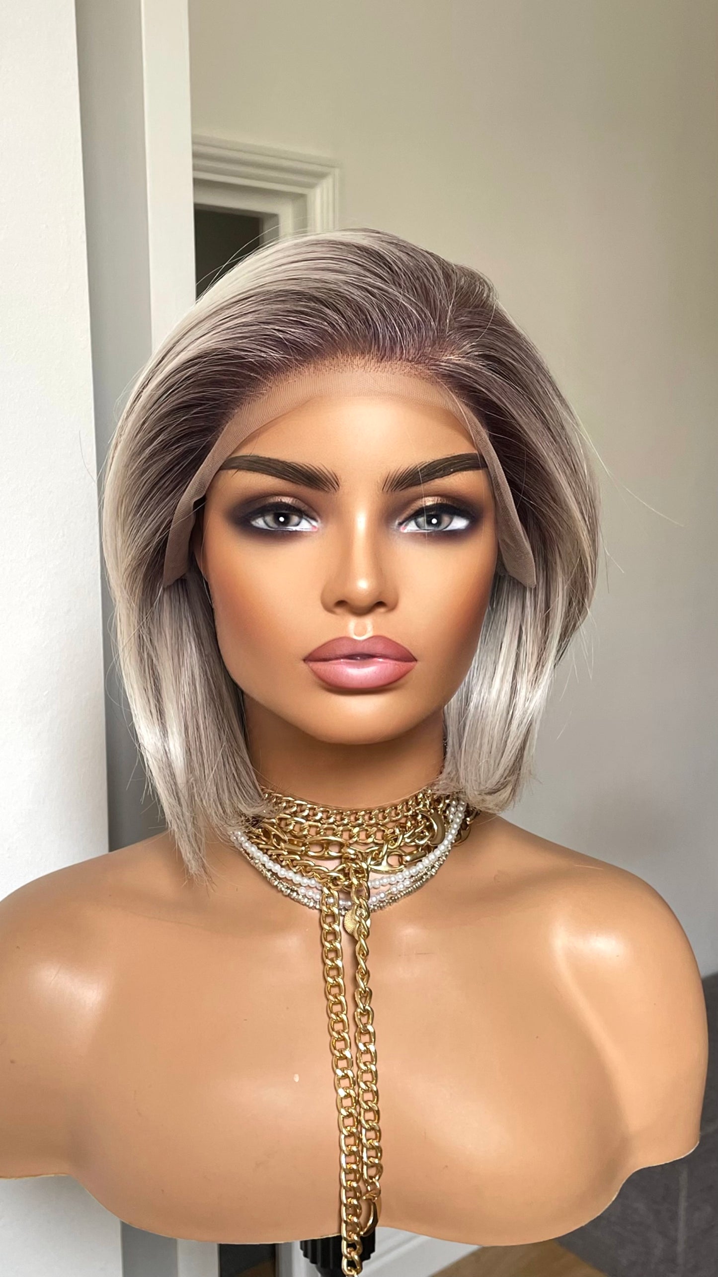 Salt and Pepper Short Bob Wig: Synthetic Lace Frontal, Brown Roots