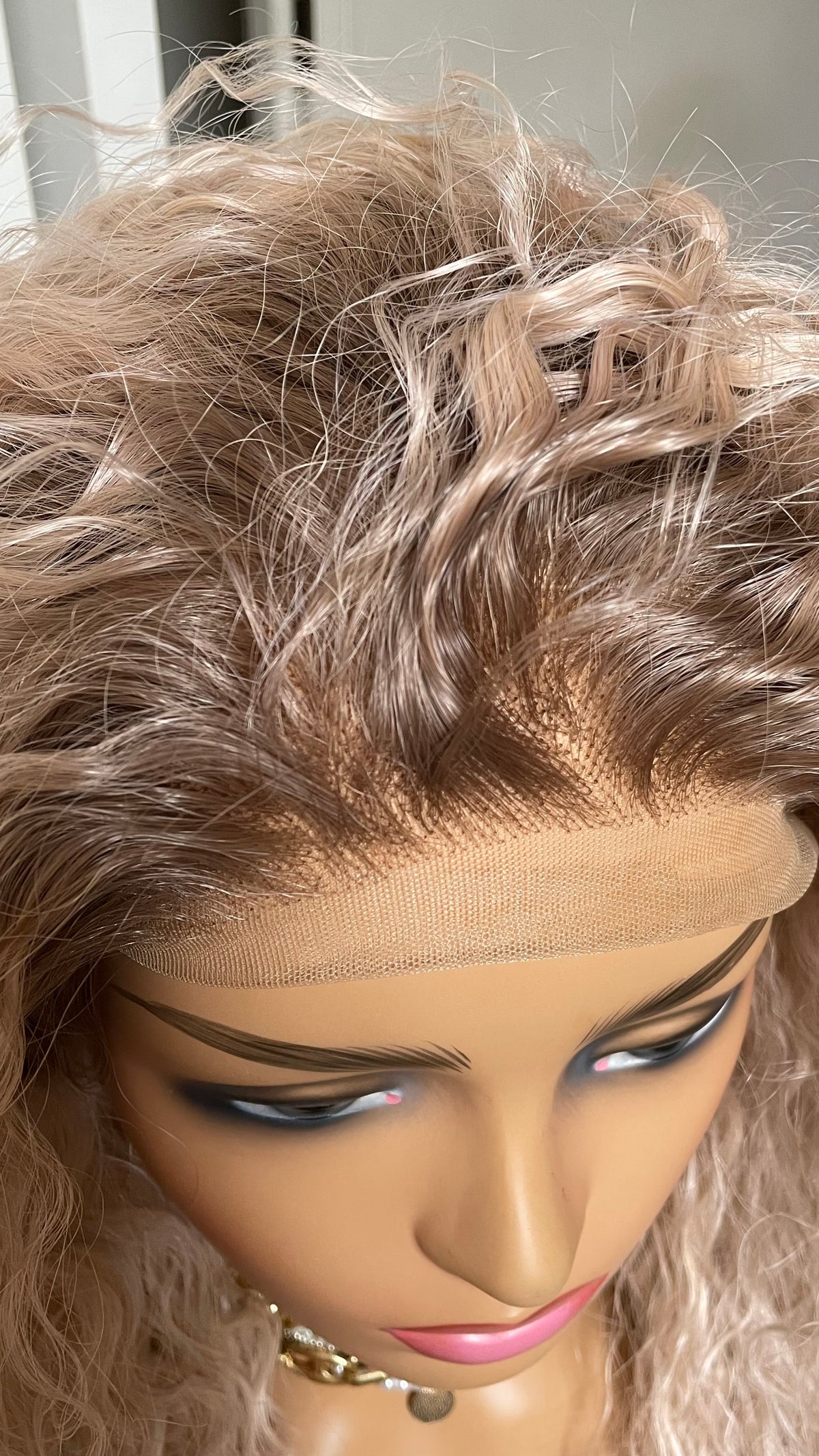 Pale Pink Curly Synthetic Lace Front Wig with Brown Roots – 22 Inch
