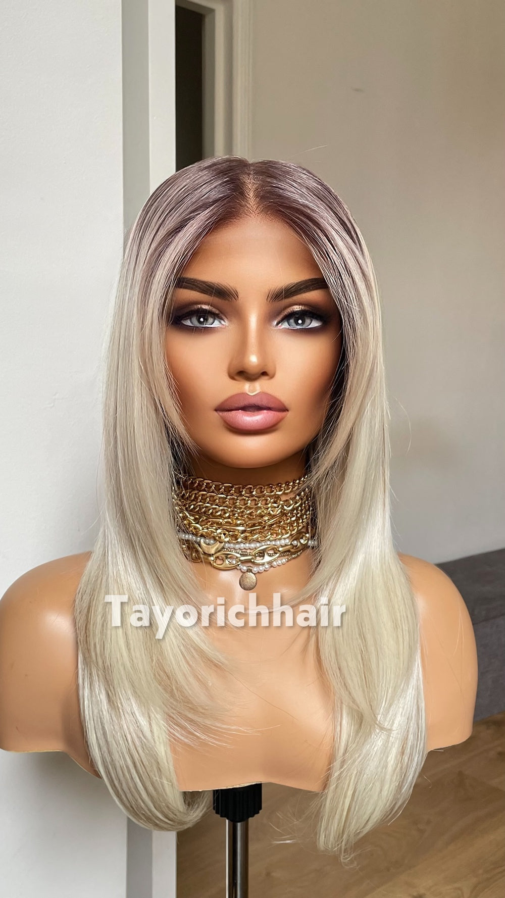 Blonde 16” Feathered Layered Wig | Dark Roots & Lowlight