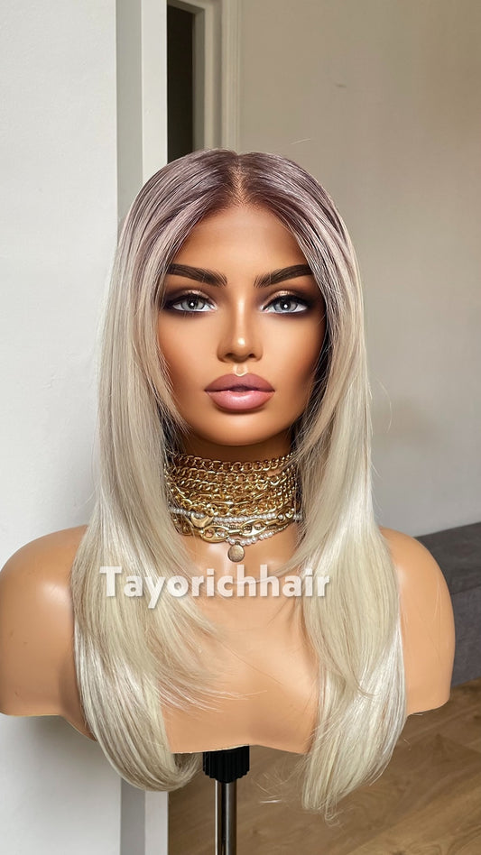 Blonde 16” Feathered Layered Wig | Dark Roots & Lowlight