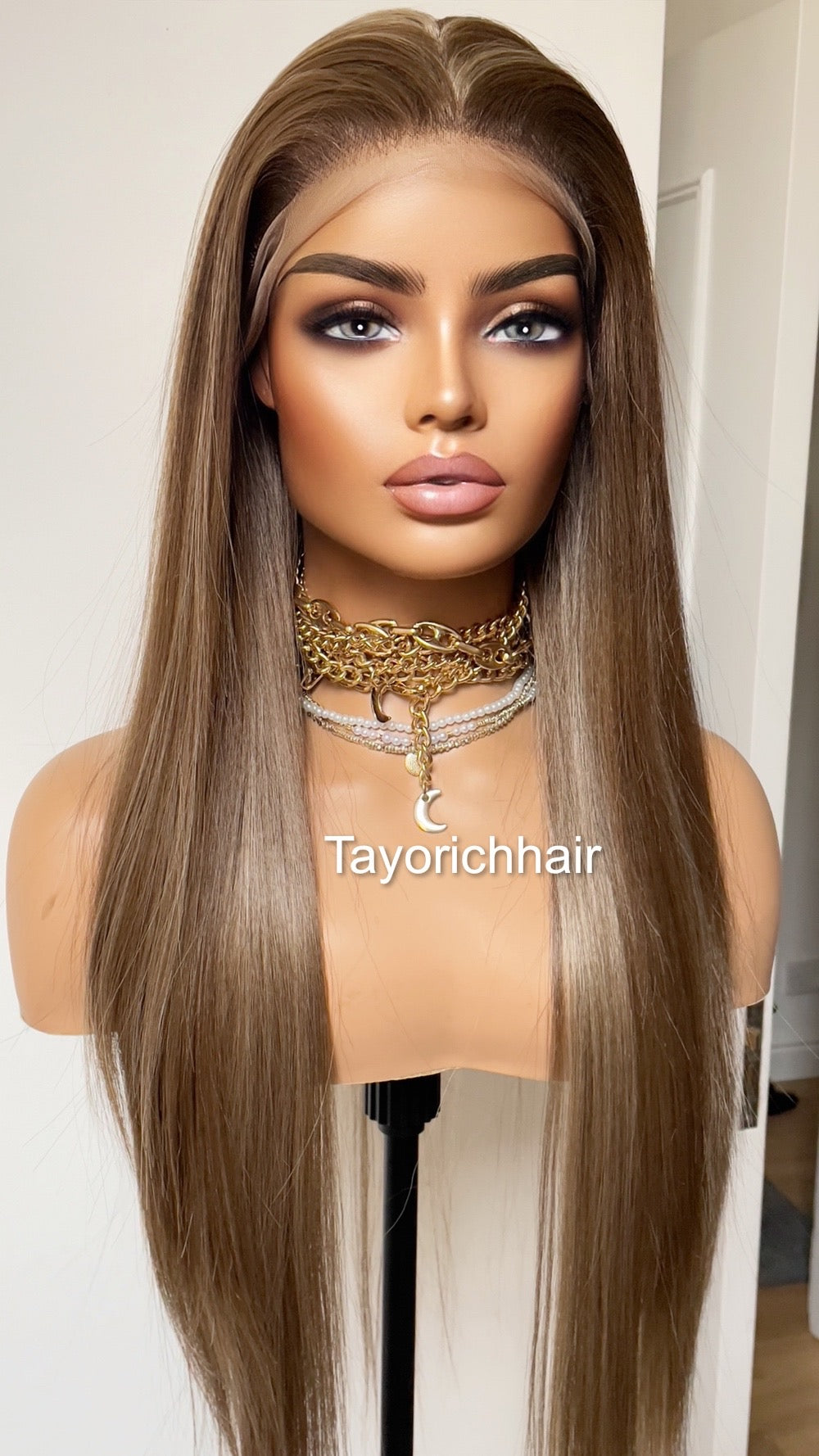 Dark Ash Brown Synthetic Lace Frontal Wig/13 by 6 Lace Frontal/Long Straight Lace Wig/Dark Ash Brown Wig With Mild Highlights/Tayorichhair