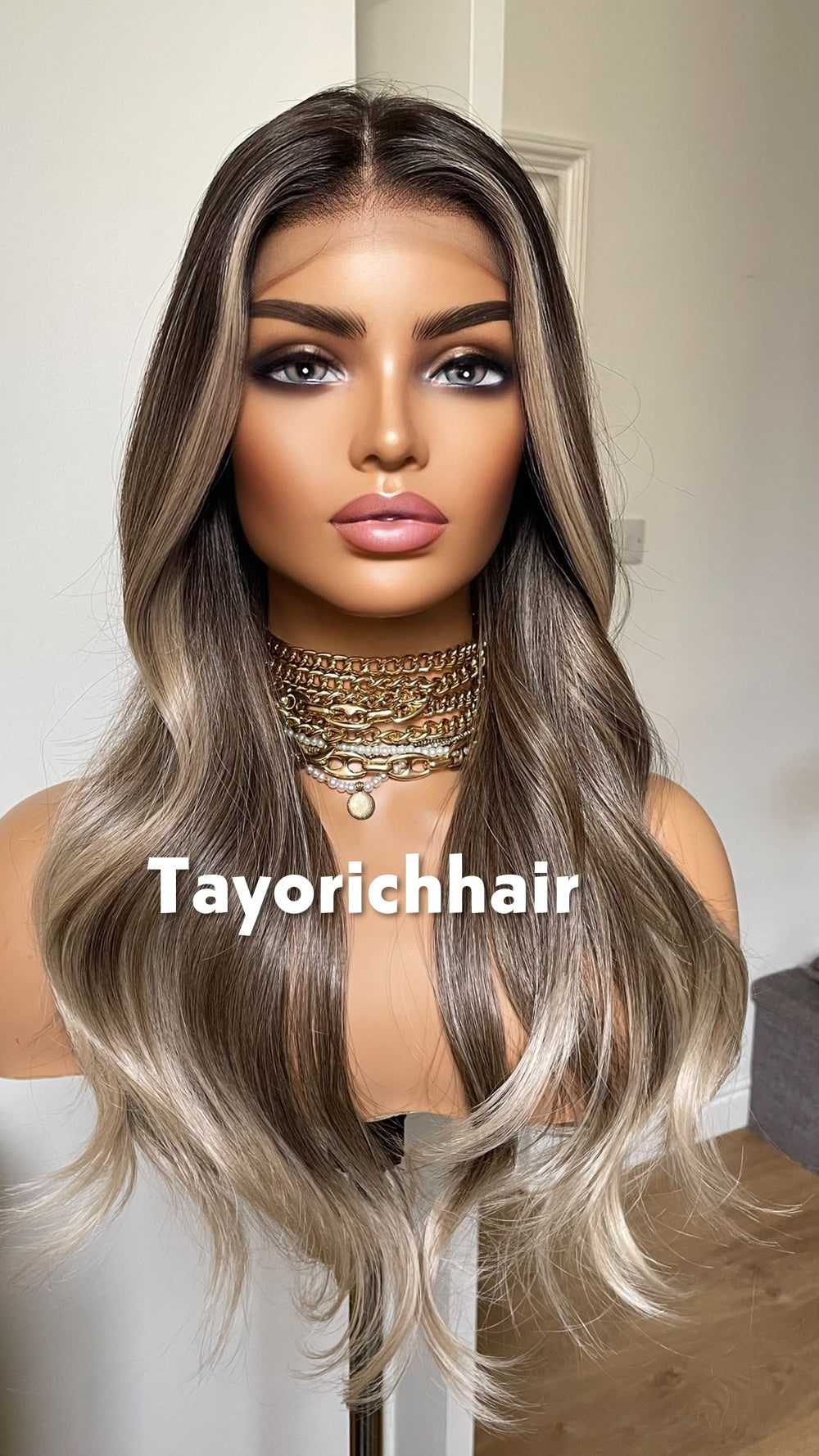 Tayorichhair 20" Dark Ash Blonde Wavy Synthetic Wig – 13x4 Transparent Lace, Glueless Money Piece Highlights (150% Density)