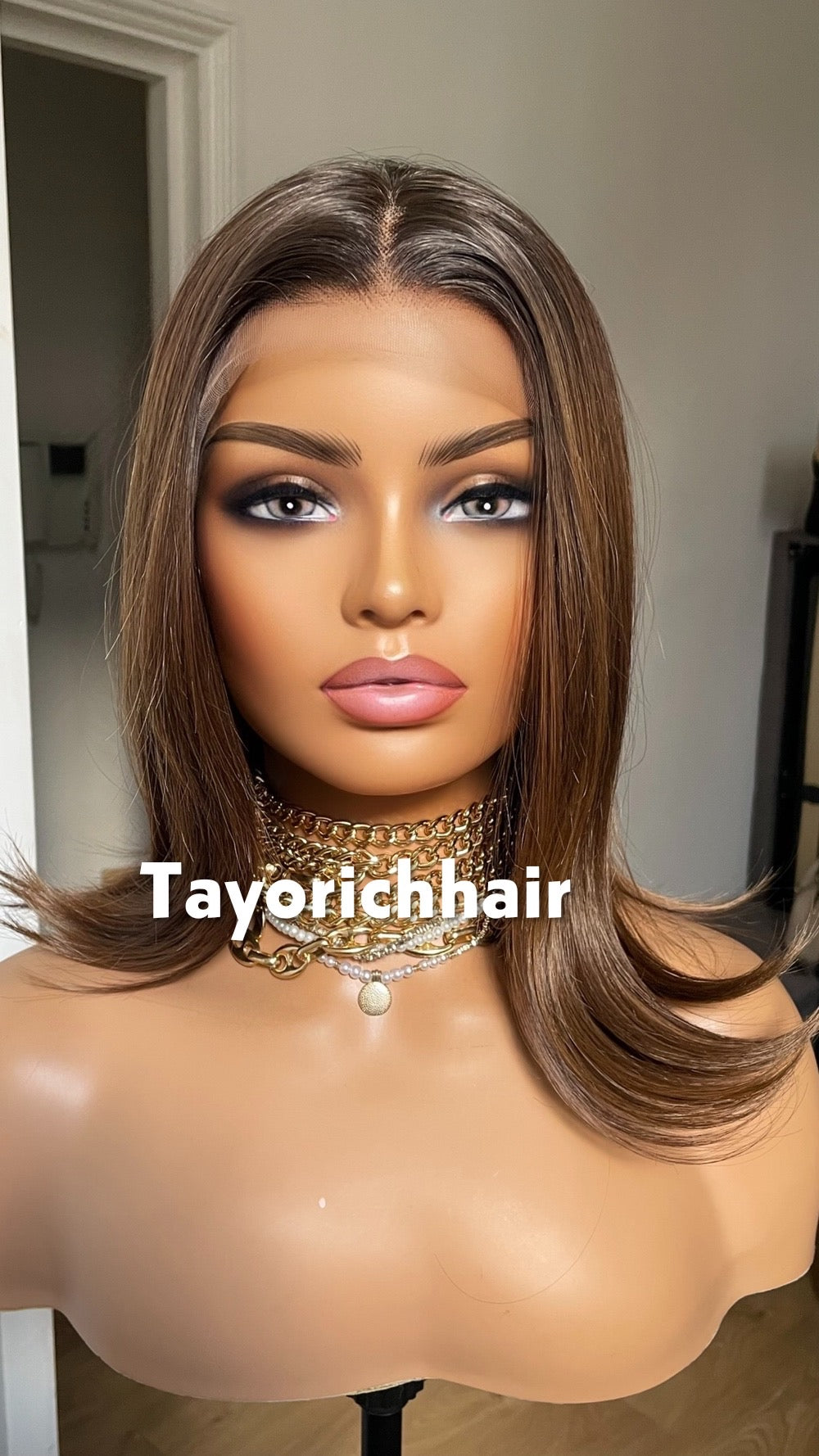 Brown 14-Inch Bob Wig With Highlights; Black Roots, 13by6 Lace Synthetic Wig