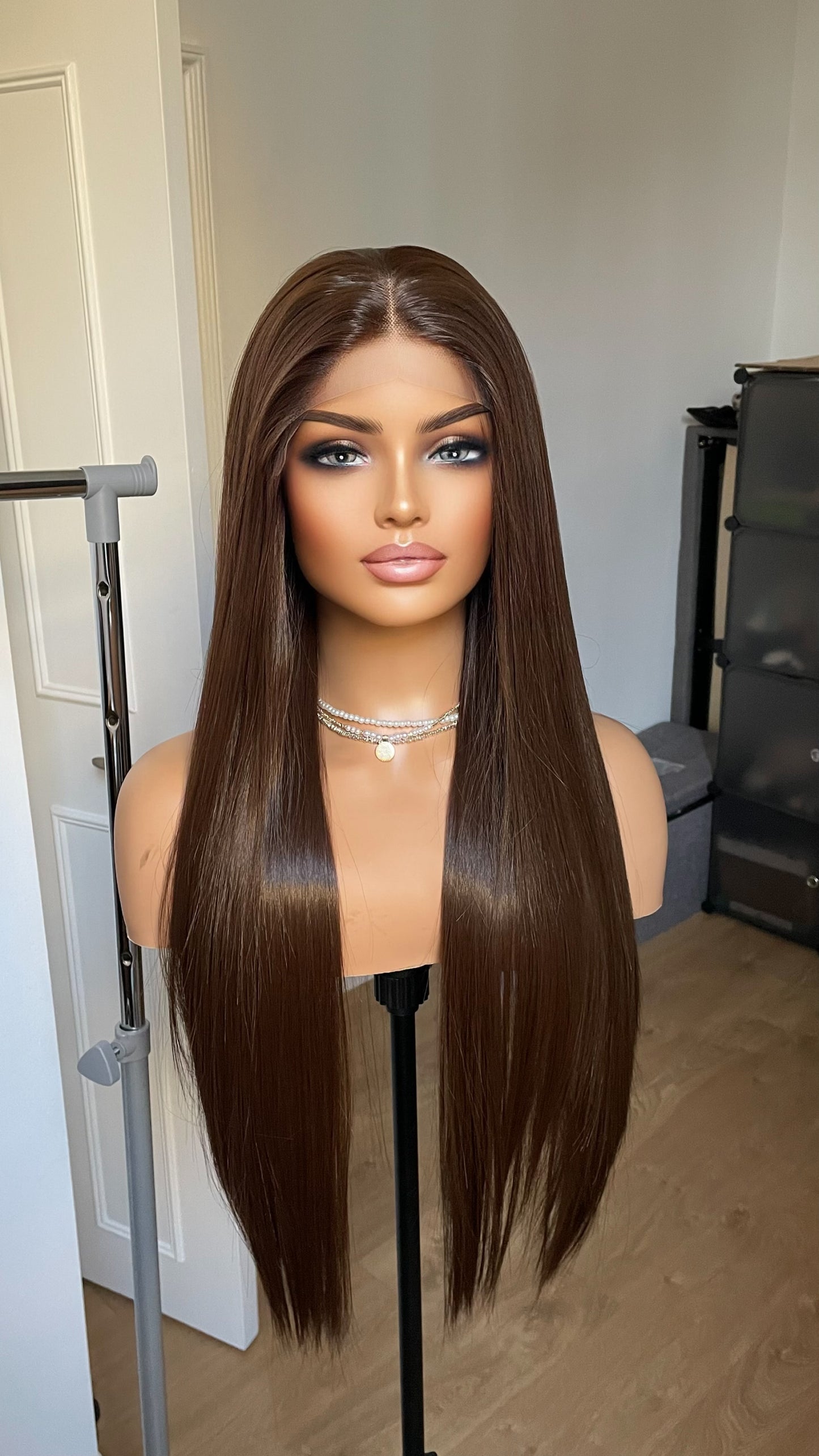 Dark Brunette Brown Lace Front Straight Wig For Women Natural Looking 13x3 Lace Front Wig With Realistic Hair Line Heat Friendly Synthetic