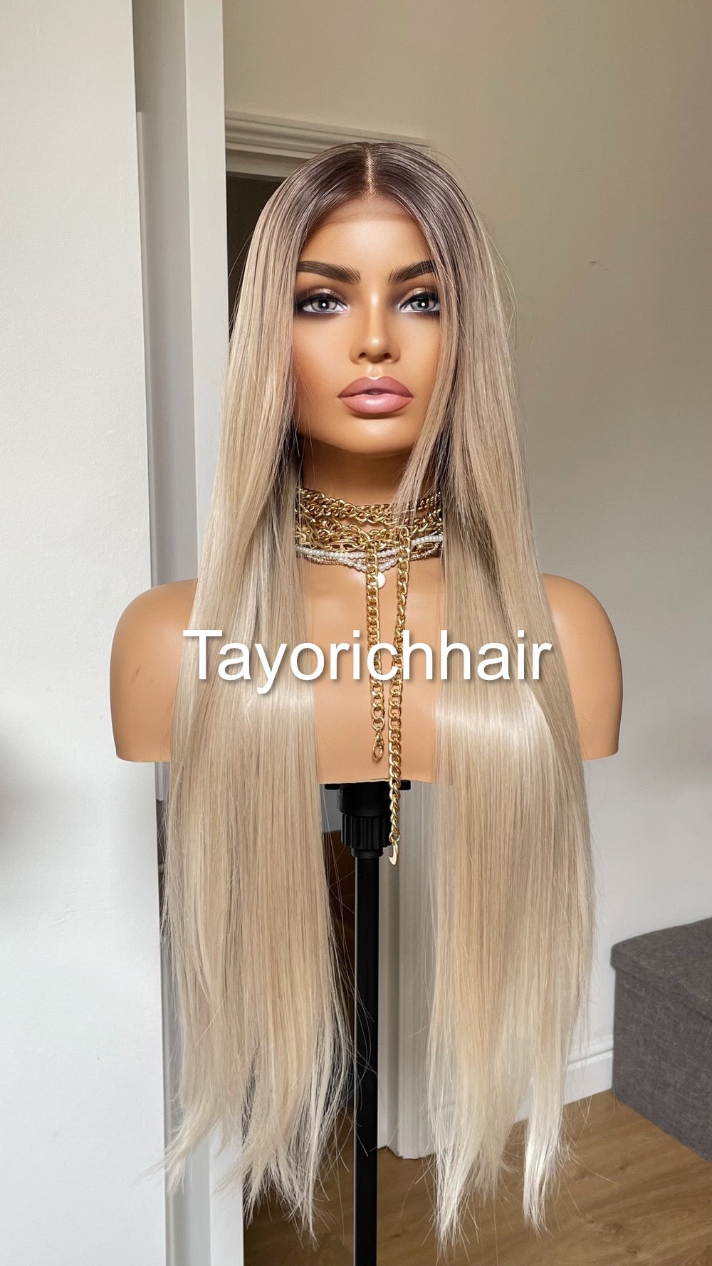 Rooted Pearl Blonde Heat Friendly Synthetic Lace Frontal Wig With 13 By 6 Wide Lace/ Straight Blonde Hair Wig Fror Women/Tayorichhair Wigs