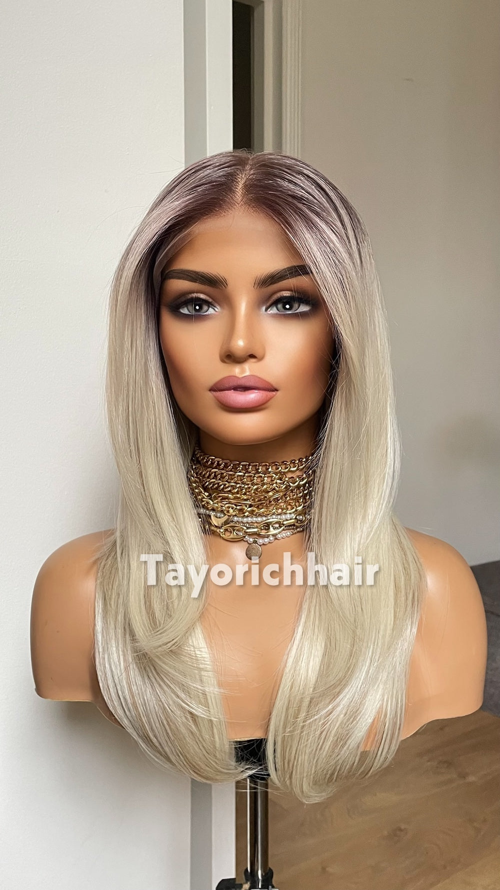 Blonde 16” Feathered Layered Wig | Dark Roots & Lowlight
