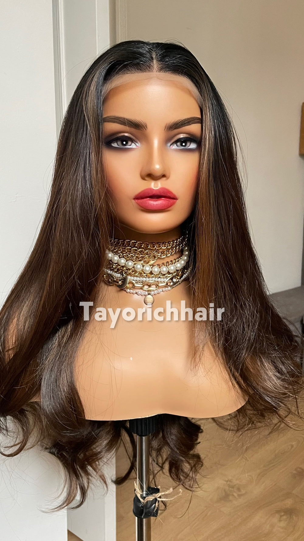 Dark Brown Highlighted Synthetic Lace Front Wig – 24 Inch, Glueless, Heat Safe