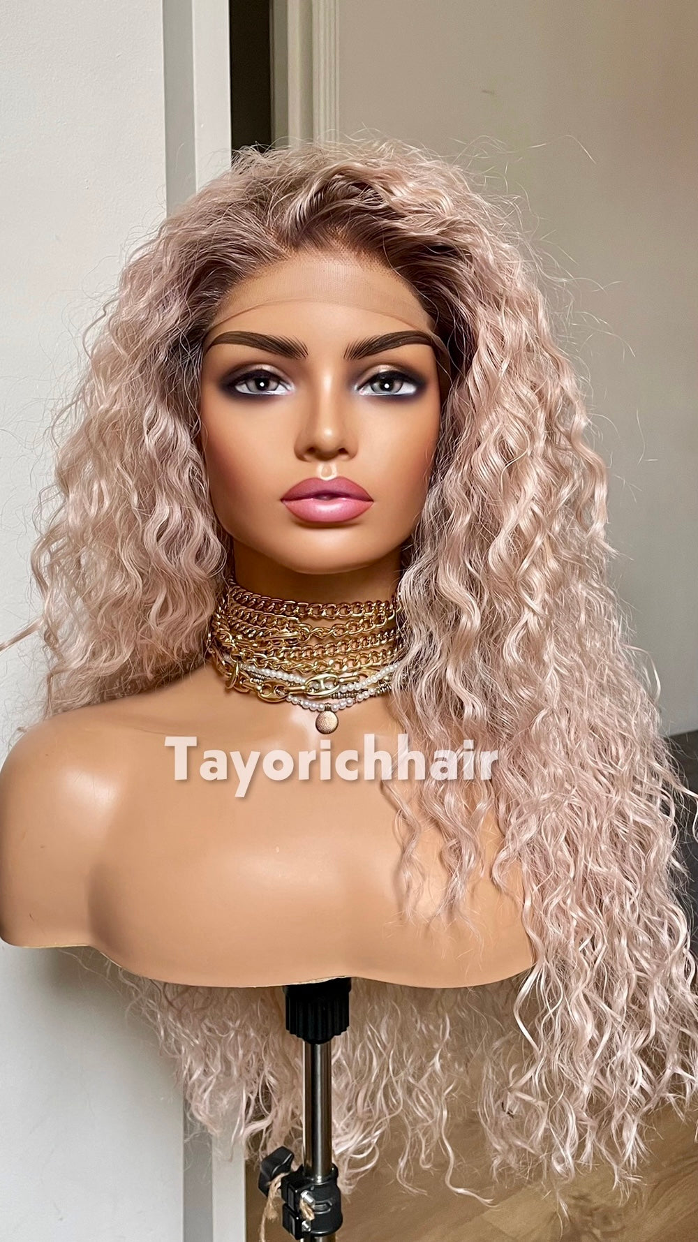 Pale Pink Curly Synthetic Lace Front Wig with Brown Roots – 22 Inch