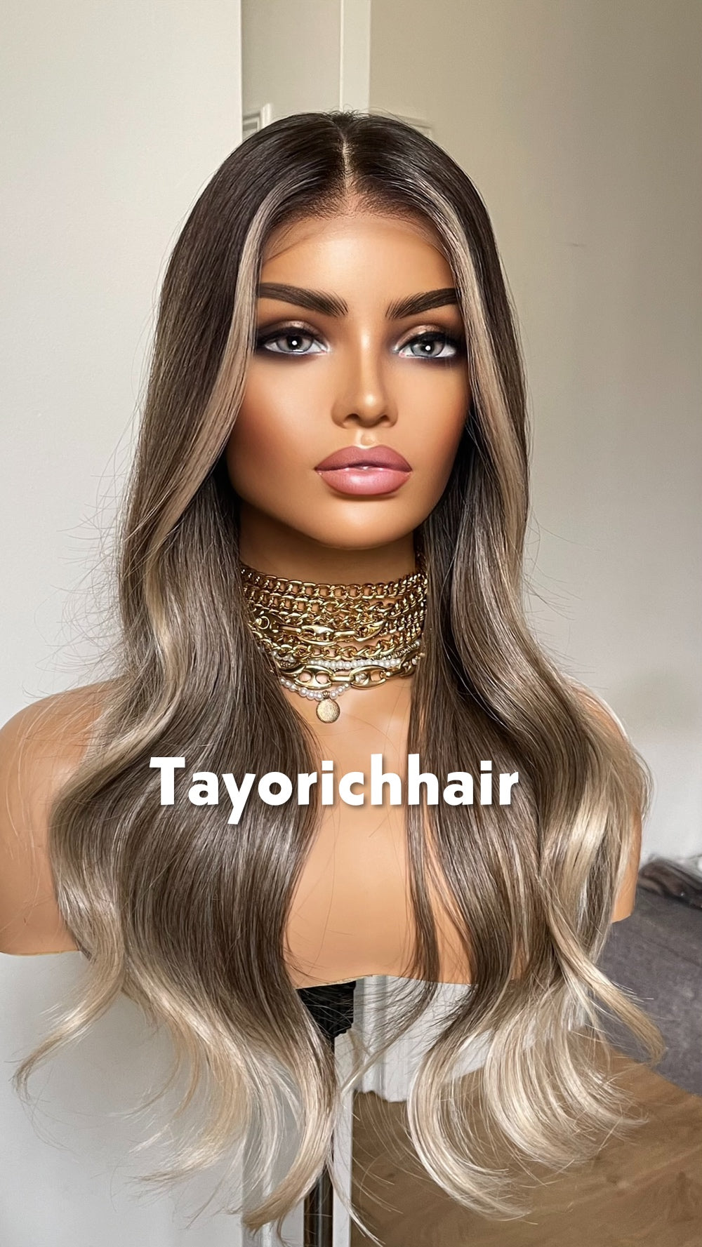 Tayorichhair 20" Dark Ash Blonde Wavy Synthetic Wig – 13x4 Transparent Lace, Glueless Money Piece Highlights (150% Density)