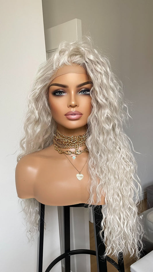 Curly Hair Lace Front Wig/Platinum White Synthetic Wig/Wigs For Small Heads/Light Weight Wig/Preplucked Realistic Hairline/White Blonde Wigs