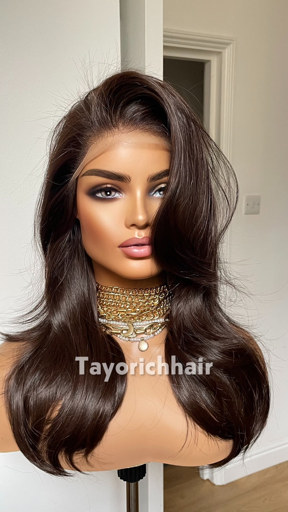 Dark Brown Heat Safe Synthetic Lace Front Wig | 16” Layered Bouncy Wave Wig | 13x6 Transparent Lace | Glueless | Tayorichhair