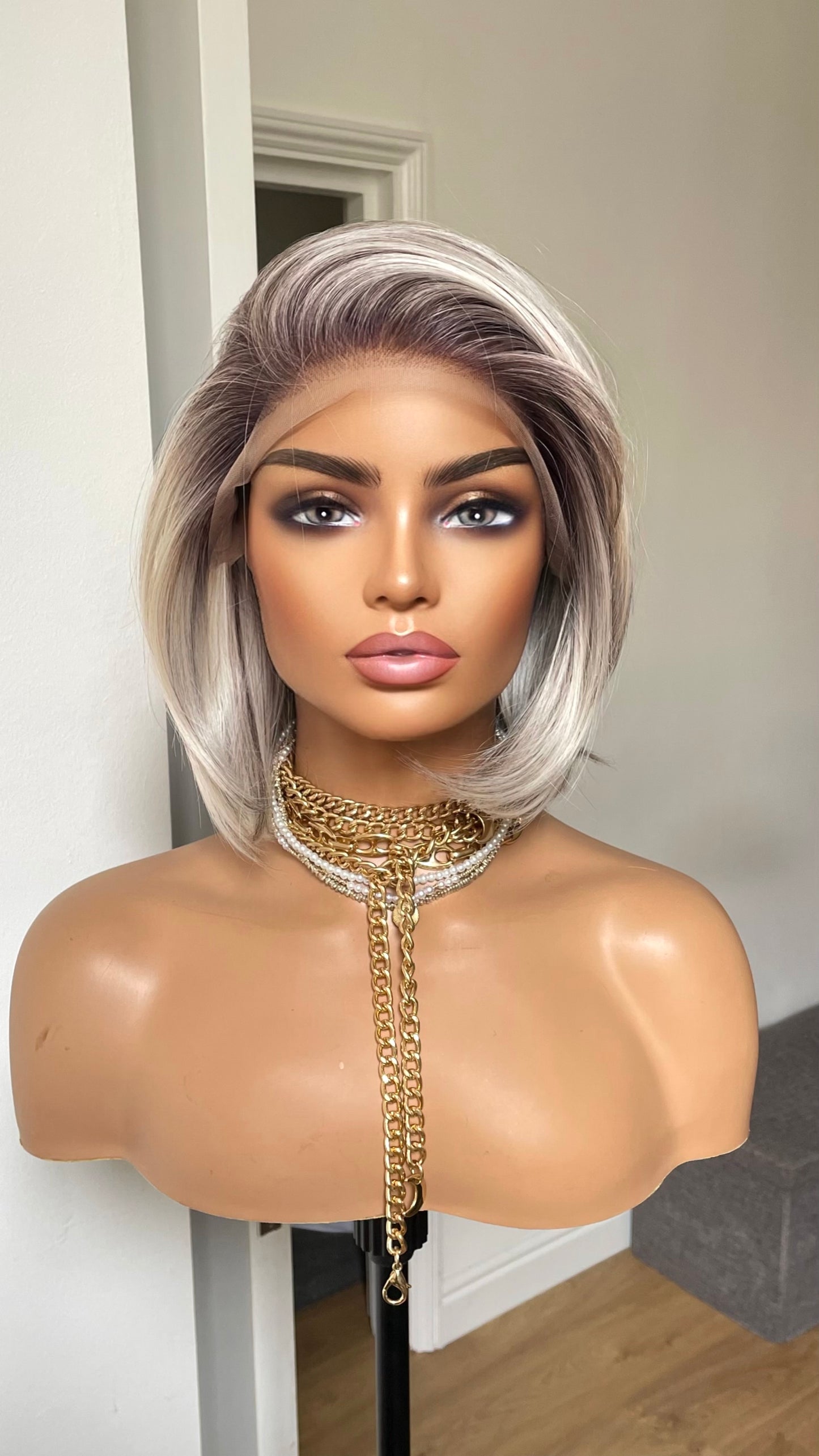 Salt and Pepper Short Bob Wig: Synthetic Lace Frontal, Brown Roots
