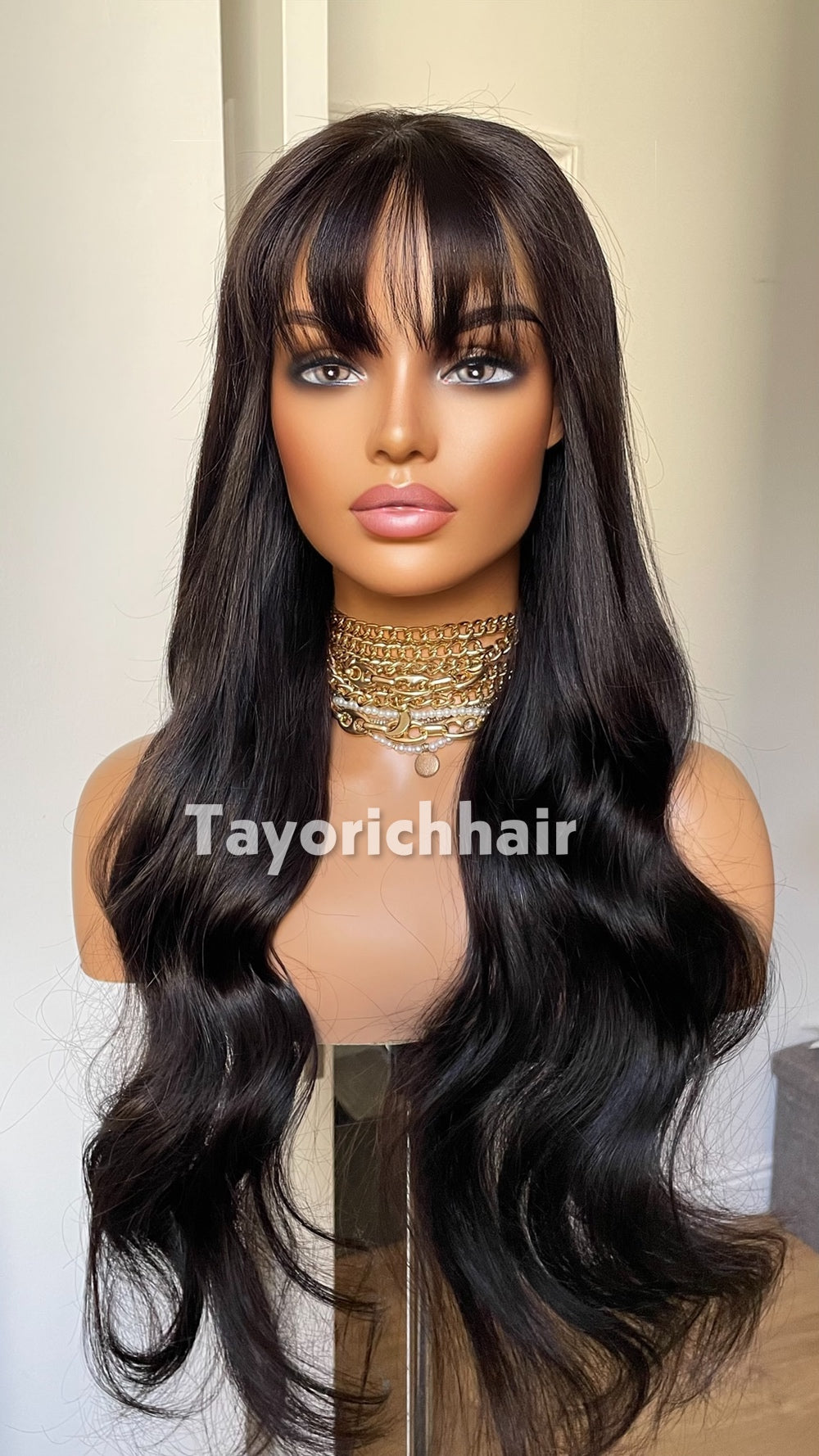 TayoRichHair 4x4 HD Lace Wavy Wig with Bangs – 100% Soft Human Hair (24 Inch, 150% Density, Color 1B, Small/Extra-Small Cap, Snug Glueless Fit)