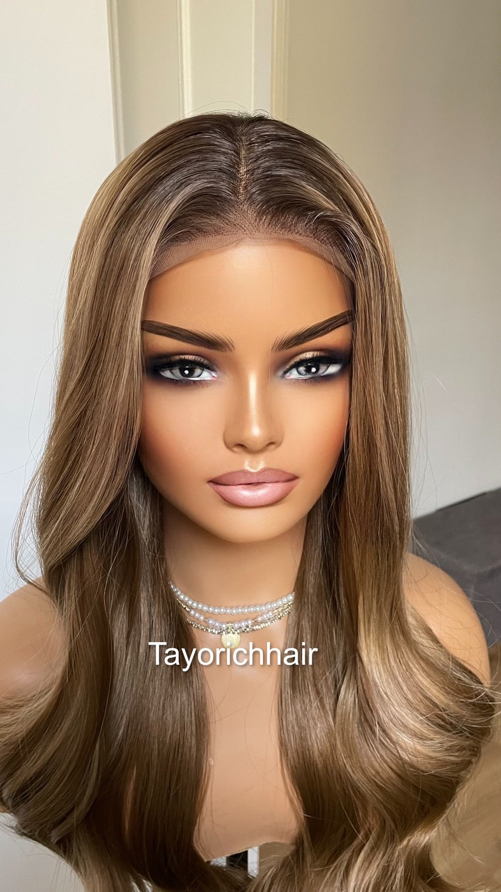 Mixed Ash Brown Lace Frontal Wig With Black Roots/ Mixed Brown Synthetic Wig For Womem Daily Wear Alopecia Hairloss Wigs/ Brown Wavy Hair