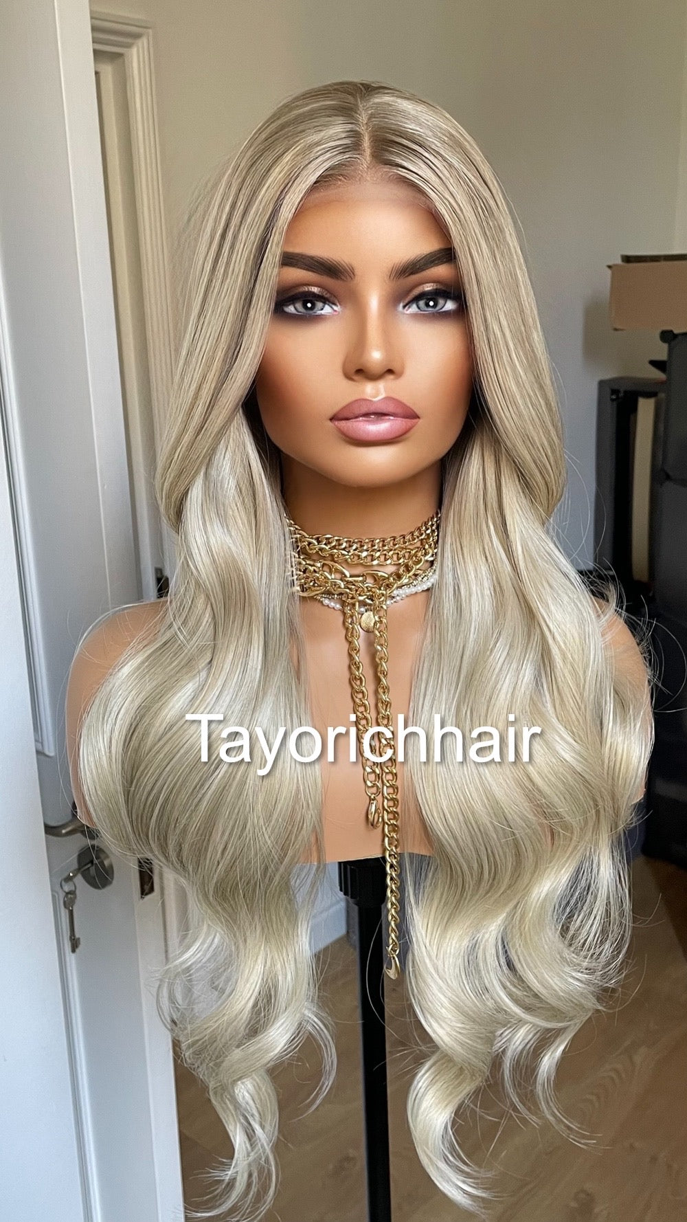 Platinum Blonde Lace Frontal Wig With Dark Ash Roots/Rooted Blonde Heat Friendly Synthetic Wig/ Blonde Bouncy Wavy Wig By Tayorichhair