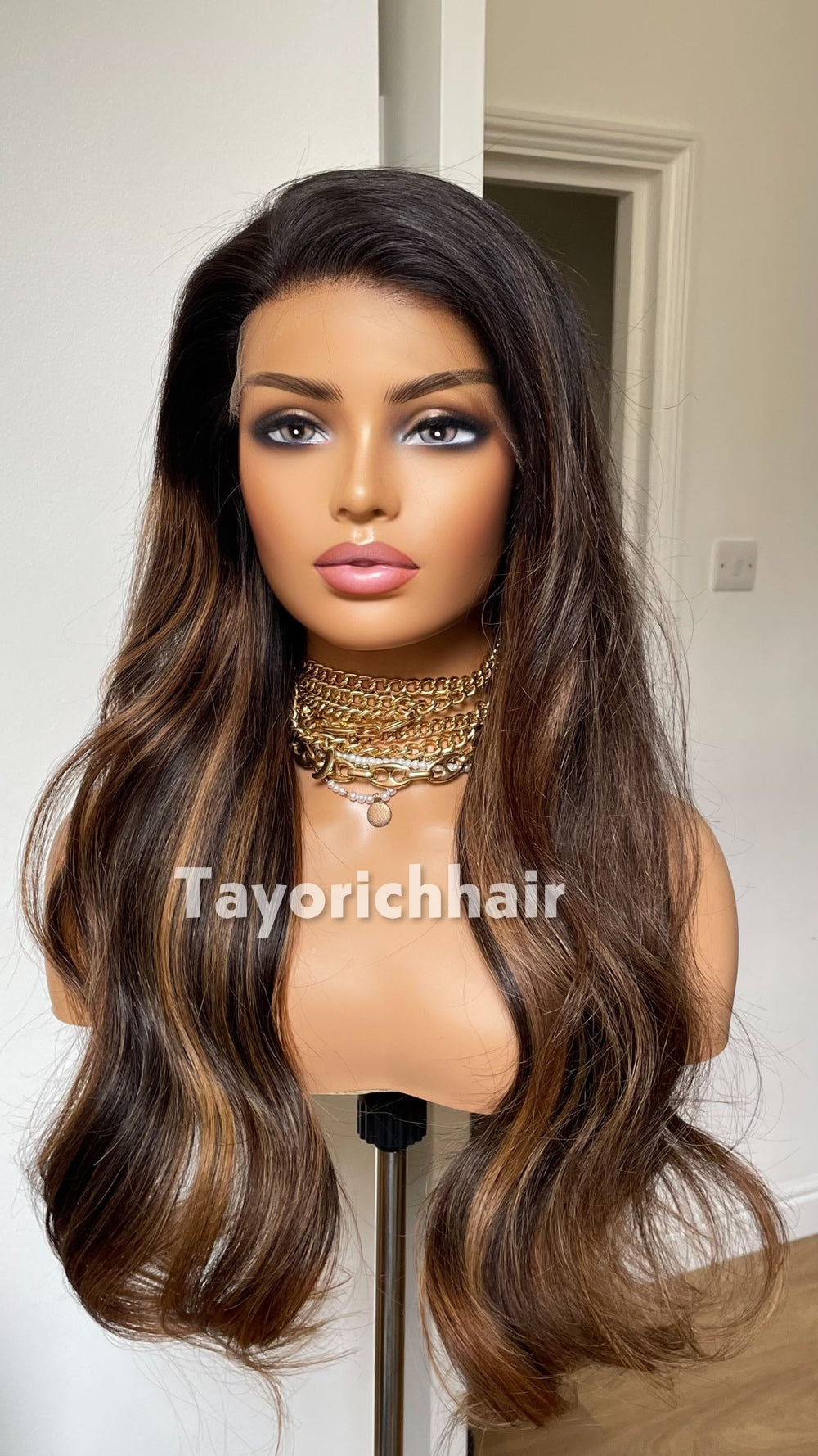 Black Human Hair Lace Front Wig with Blonde Highlights | 24” Wavy HD Lace Wig | 13x4 Glueless Wig | 100% Human Hair | Tayorichhair