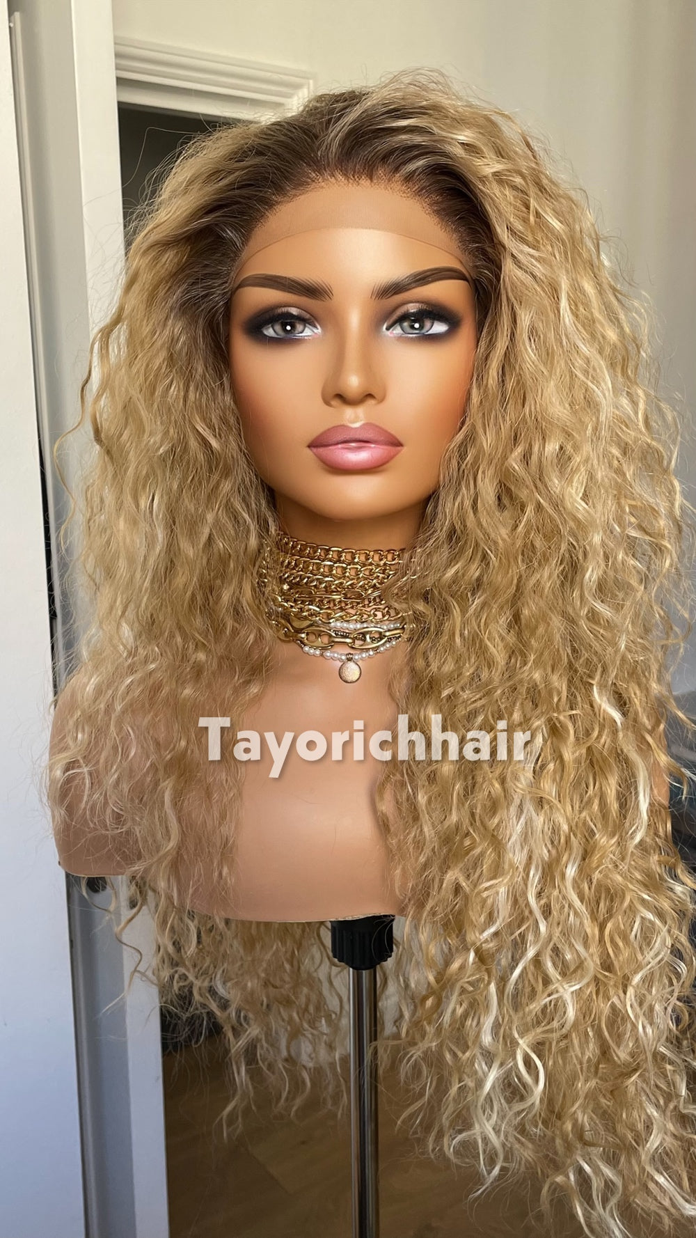 Strawberry Blonde Beach Curly Wig | 22” Layered Heat Safe Synthetic Wig | Blonde Streaks & Dark Roots | 13x3 Transparent Lace | Tayorichhair