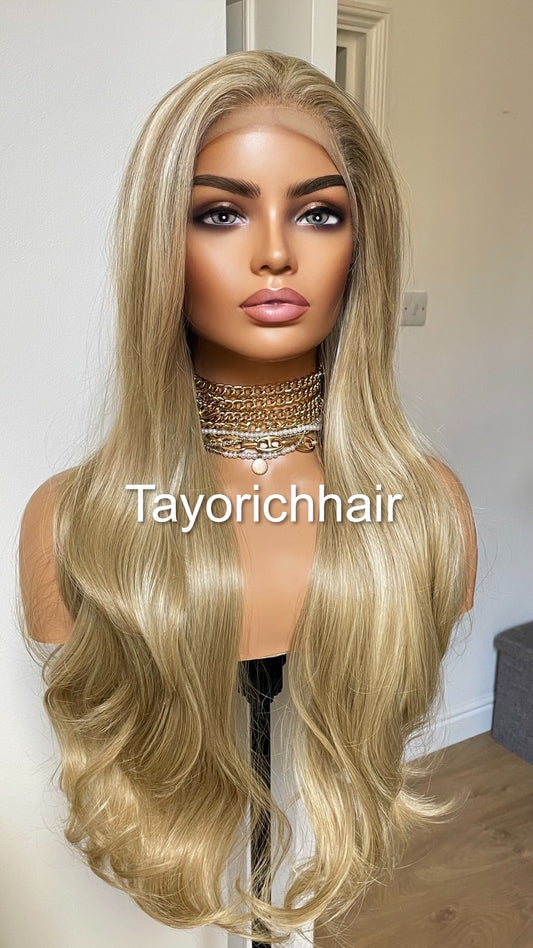 Golden blonde 26 Inches Heat Friendly Synthetic Wig With Highlights-Free Part Long Hair Wig-Natural Looking Blonde Wavy Hair Wig For Women