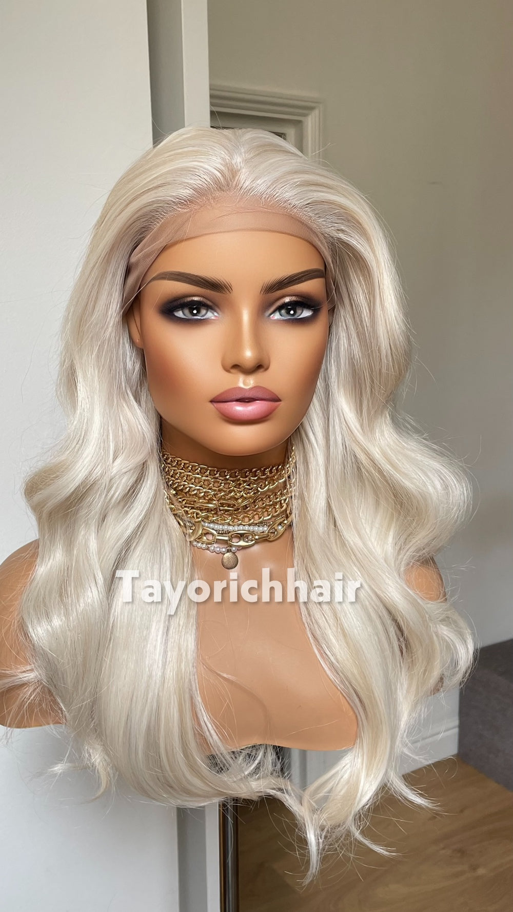 Tayorichhair Premium 16" Heat-Safe Synthetic Hair Wig – Platinum Blonde with Mild Lowlights, Pre-Plucked 13x6 Deep Lace Front (Free Parting)