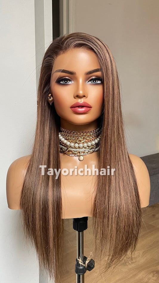 18-Inch Dark Brown & Blonde Human Hair Wig – 13x4 HD Lace Frontal