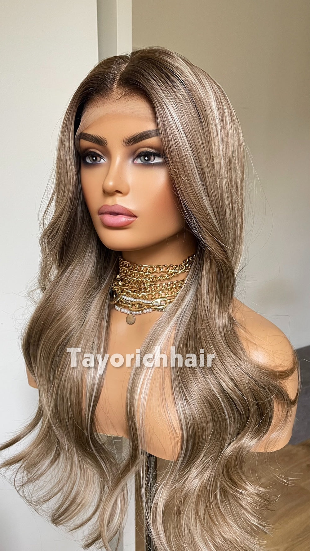Dark Ash Brown 22” Wavy Wig | Platinum Highlights & 13x4 Lace