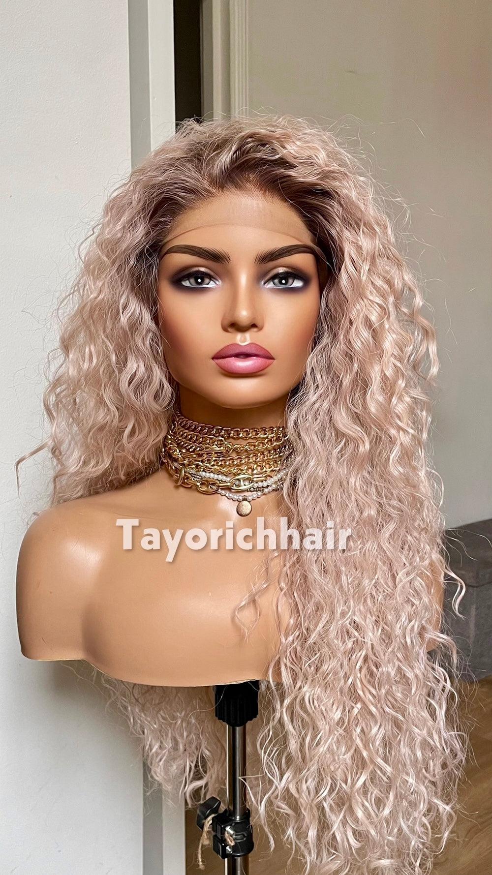 Pale Pink Curly Synthetic Lace Front Wig with Brown Roots – 22 Inch