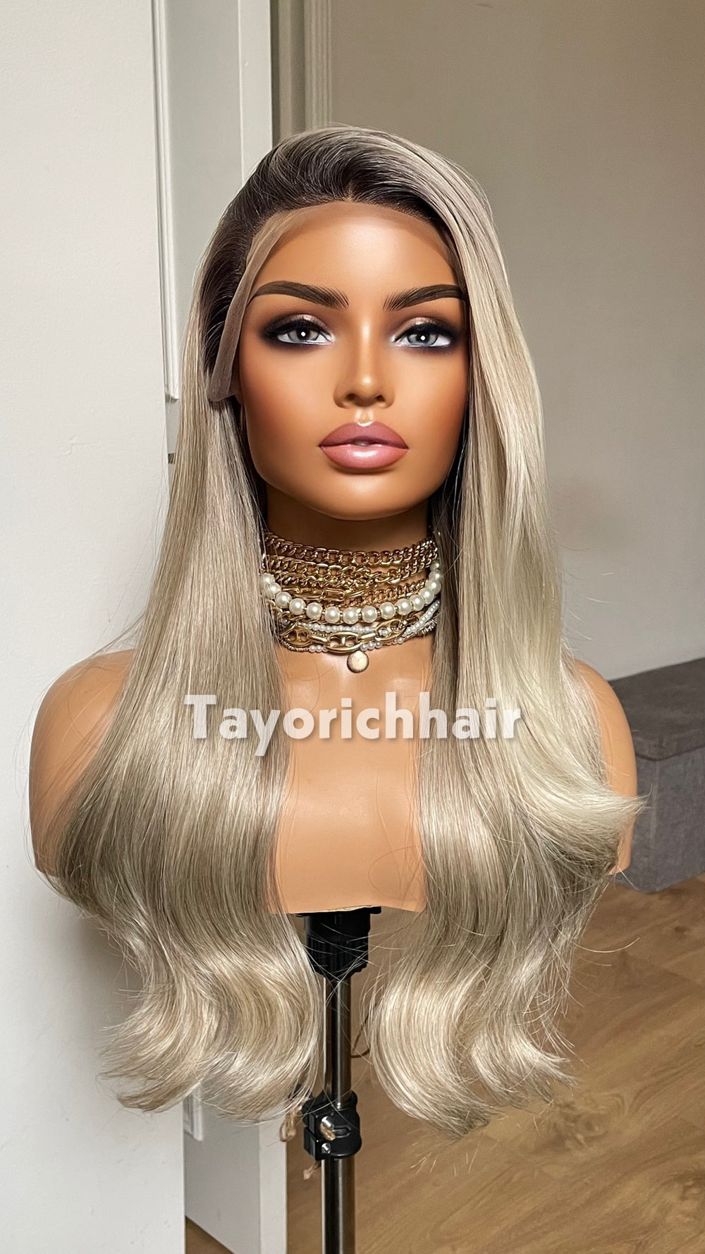 Dark Ash Blonde Synthetic Lace Front Wig with Black Roots & Money Piece Highlights – 18/20 Inch