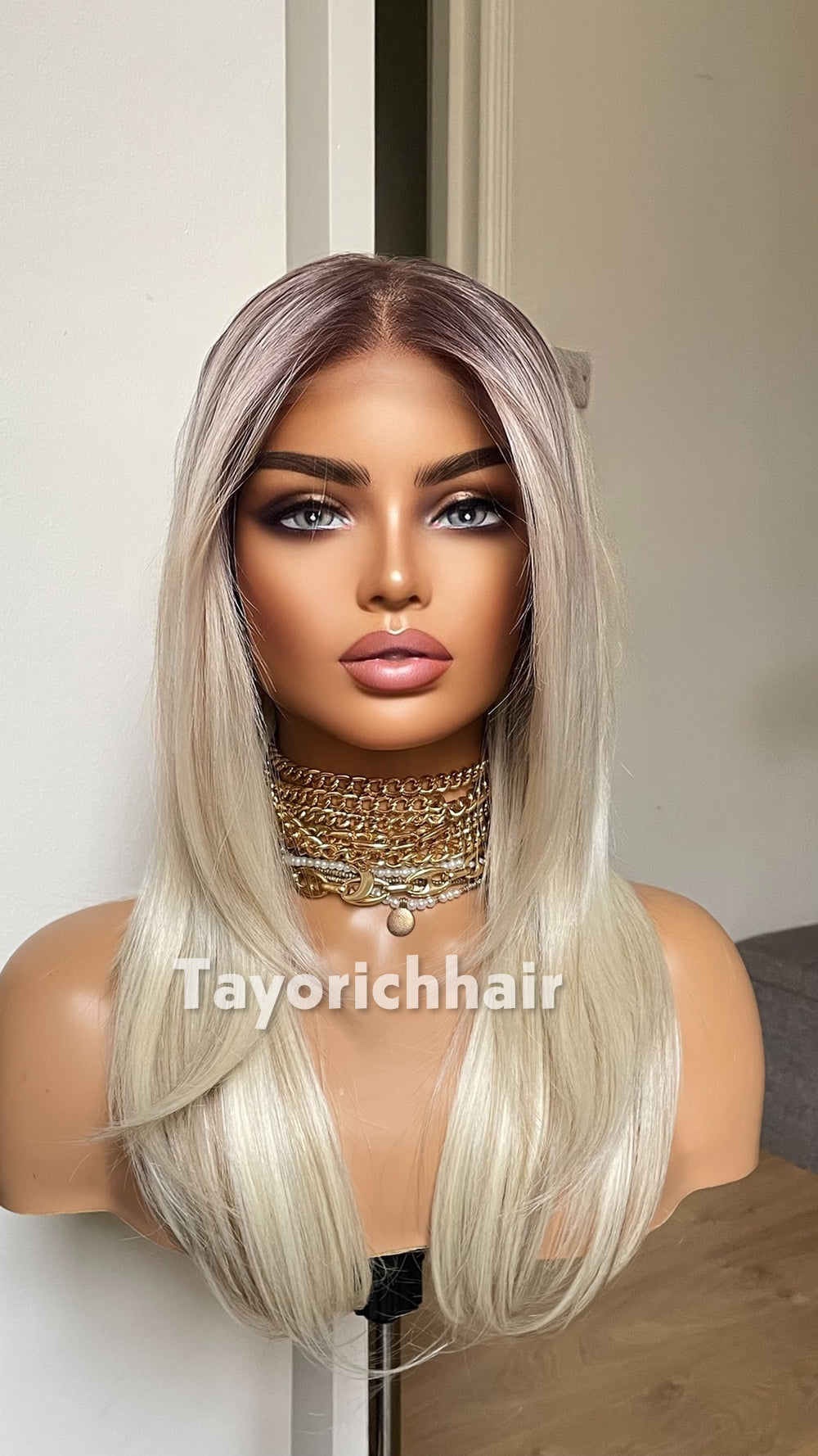 Blonde 16” Feathered Layered Wig | Dark Roots & Lowlight