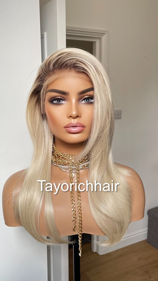 Sunkissed Light Blonde Lace Frontal Wig With Dark Roots/18 Inches Rooted Blonde Wig By Tayorichhair/Straight Blonde Wig With 13 By 4 Lace