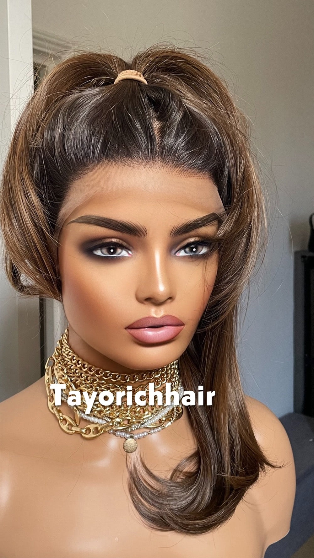 Brown 14-Inch Bob Wig With Highlights; Black Roots, 13by6 Lace Synthetic Wig