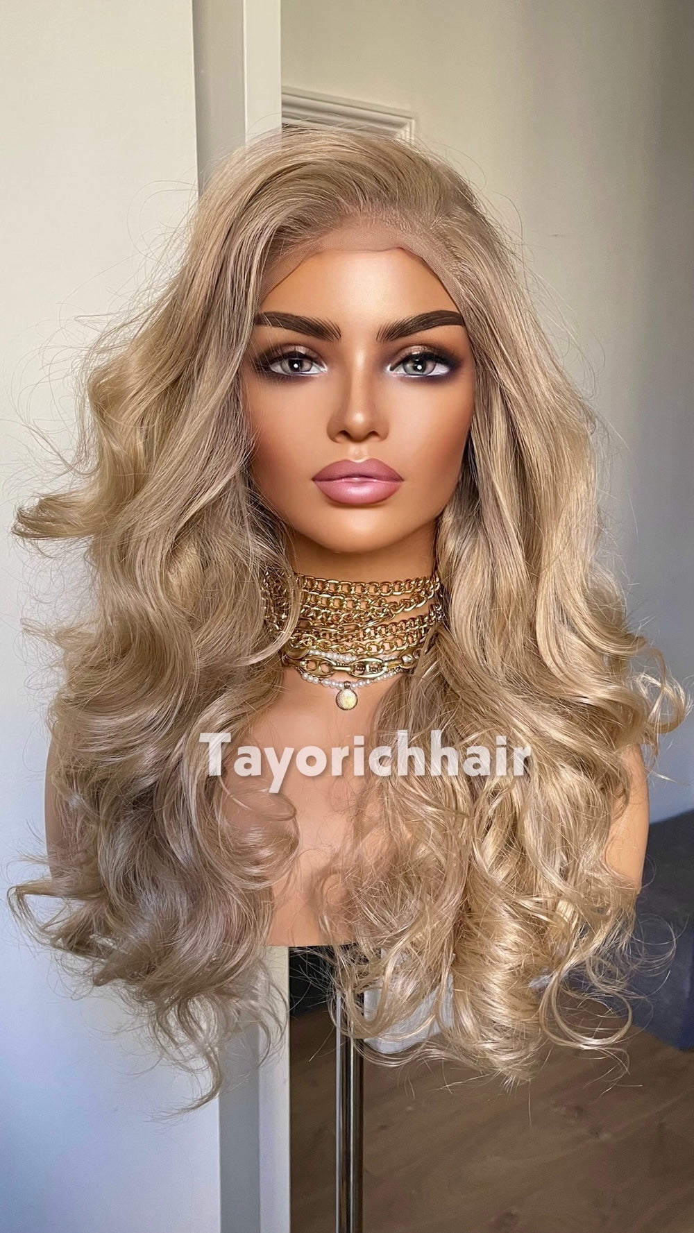 Natural Ash Blonde Spiral Curly Wig | 16” Heat Safe Synthetic Lace Front Wig | 13x6 Transparent Lace | Free Part | Vintage Hollywood Elegance | Tayorichhair