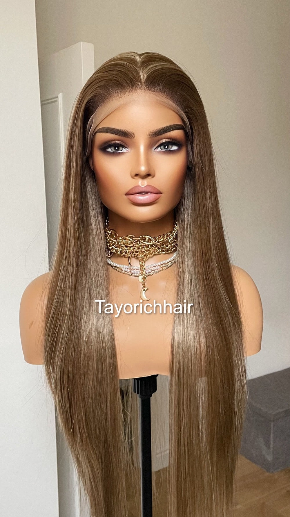 Dark Ash Brown Synthetic Lace Frontal Wig/13 by 6 Lace Frontal/Long Straight Lace Wig/Dark Ash Brown Wig With Mild Highlights/Tayorichhair
