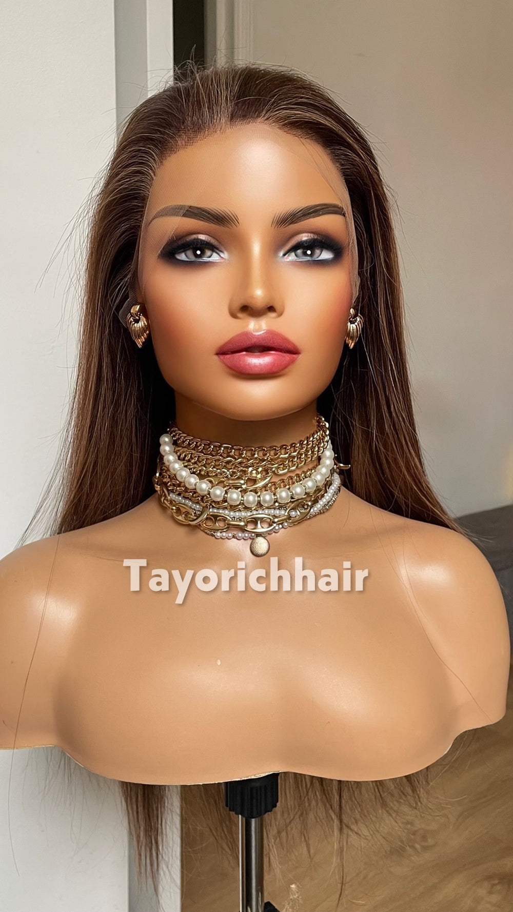 18-Inch Dark Brown & Blonde Human Hair Wig – 13x4 HD Lace Frontal